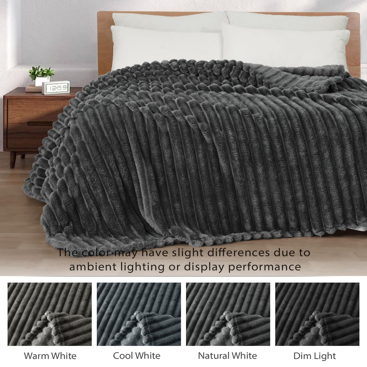 Exclusivo Mezcla California King Size Flannel Fleece Blanket, Super Soft Striped Jacquard Bed Oversized Blanket, Lightweight Fuzzy Cozy for All Seasons, 120x120 Inches, Grey