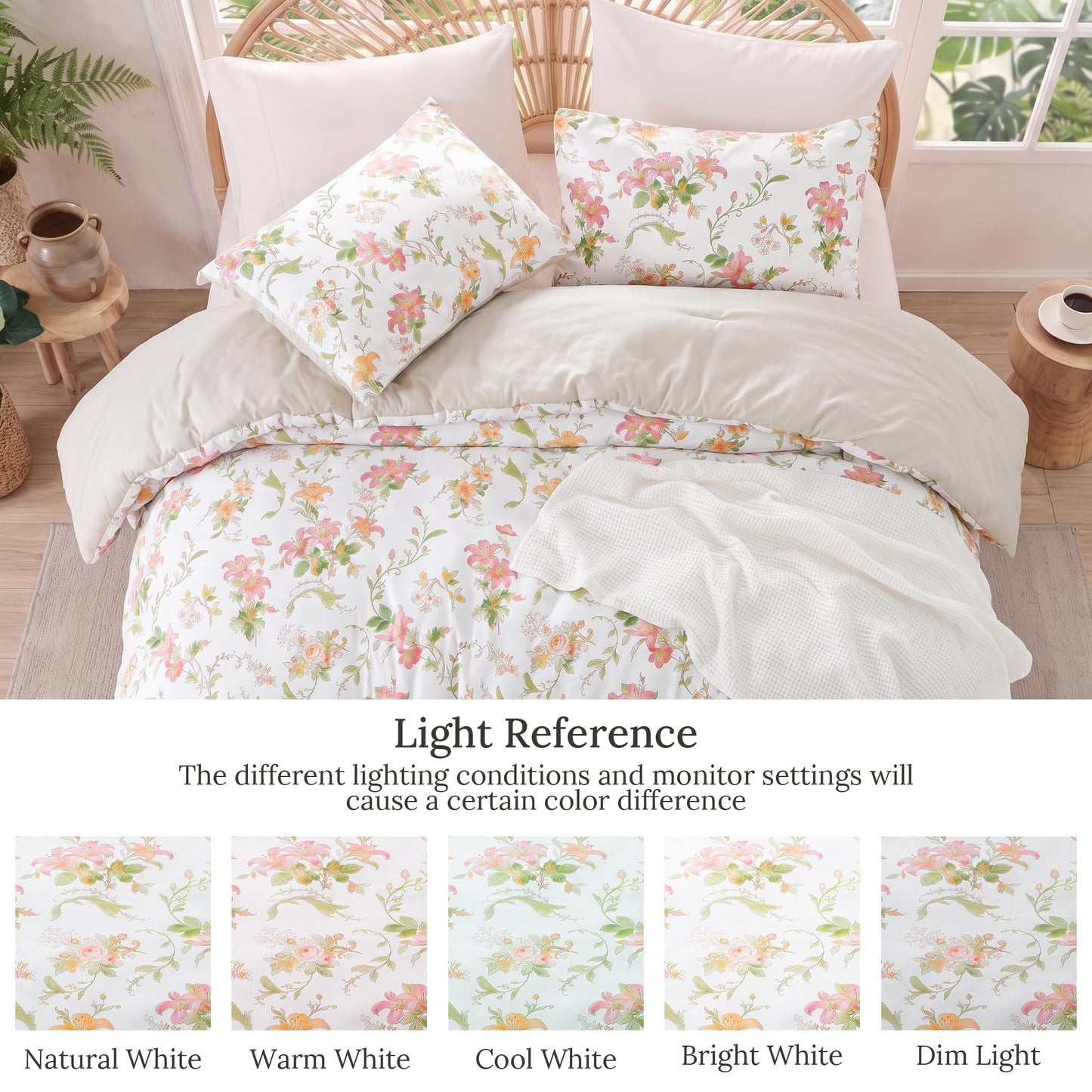 Exclusivo Mezcla Floral Oversized Queen Comforter Set, 3 Pieces Lightweight Reversible Soft Bedding Comforters for All Seasons, Beige Botanical Flowers Pattern