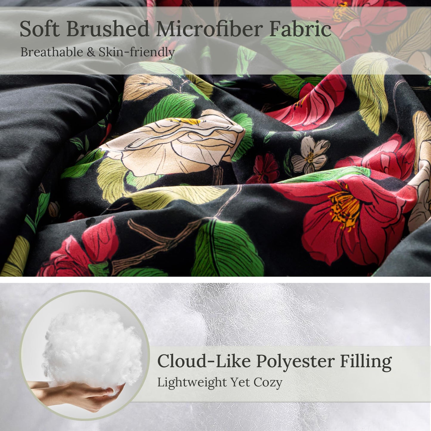 Exclusivo Mezcla Floral Queen Comforter Set, 3 Pieces Lightweight Reversible Soft Bedding Comforters for All Seasons, Black Botanical Flowers Pattern