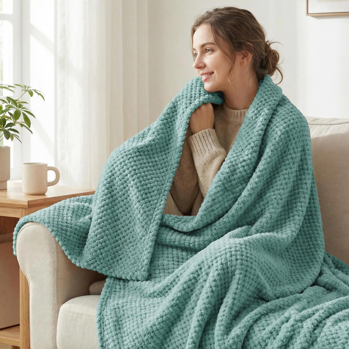 Exclusivo Mezcla Waffle Textured Extra Large Fleece Blanket, Super Soft and Warm Throw Blanket for Couch, Sofa and Bed (Celadon, 50"x70")-Cozy, Fuzzy and Lightweight