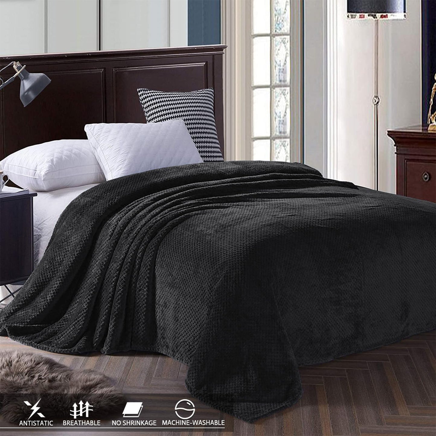 Exclusivo Mezcla Fleece Bed Blanket Twin Size, Super Soft and Warm Blankets for Couch, Sofa and Bed Waffle Textured, Cozy, Fuzzy and Lightweight (Black, 60x80 inches)