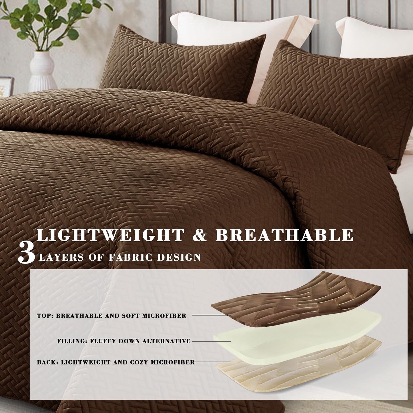 Exclusivo Mezcla 3-Piece Queen Size Quilt Set with Pillow Shams, Basket Quilted Bedspread/Coverlet/Bed Cover(96x90 Inches, Brown) -Soft, Lightweight and Reversible