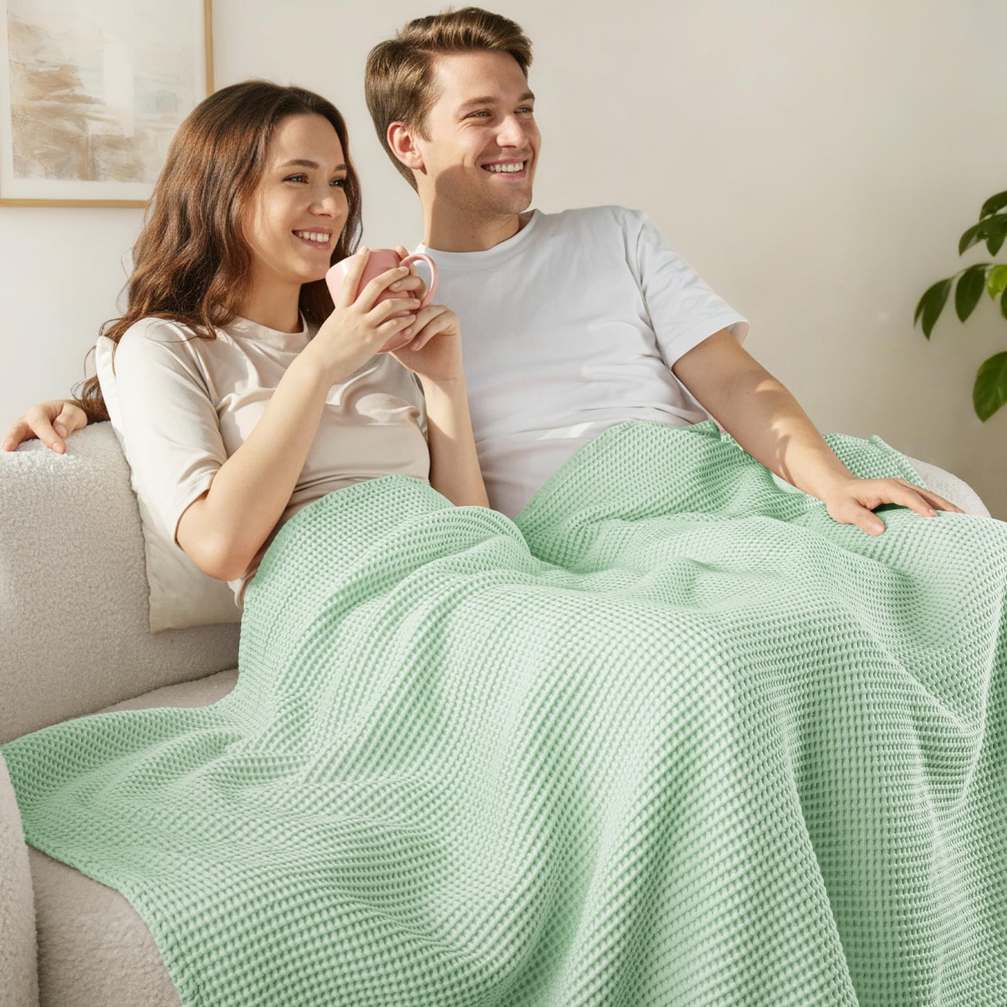 Exclusivo Mezcla 100% Cotton Waffle Weave Blanket Twin Size, Soft, Lightweight and Breathable Muslin Gauze Blanket for Dorm, Home Decor, All Season, 60"x80", Sage Green