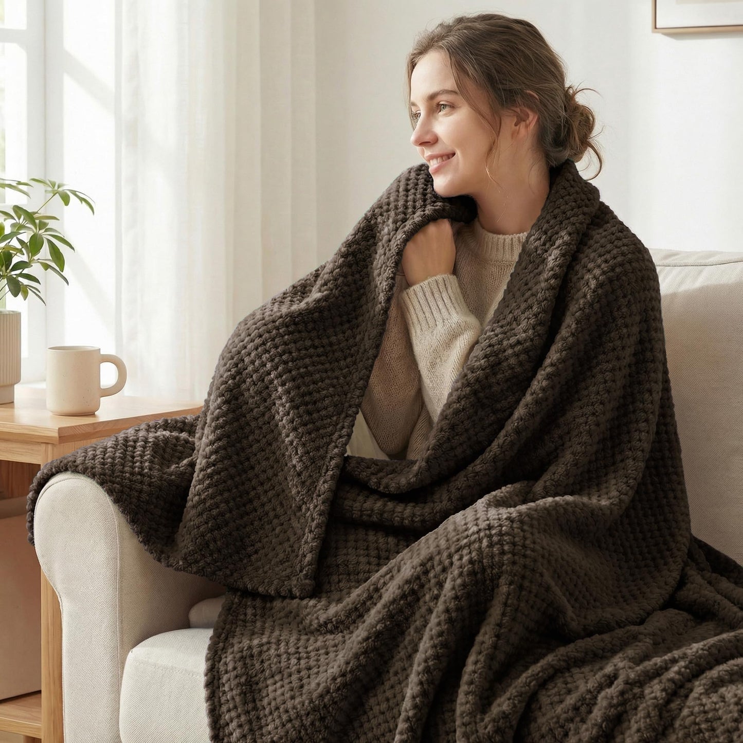 Exclusivo Mezcla Fleece Bed Blanket Twin Size, Super Soft and Warm Blankets for Couch, Sofa and Bed Waffle Textured, Cozy, Fuzzy and Lightweight (Coffee, 60x80 Inches)