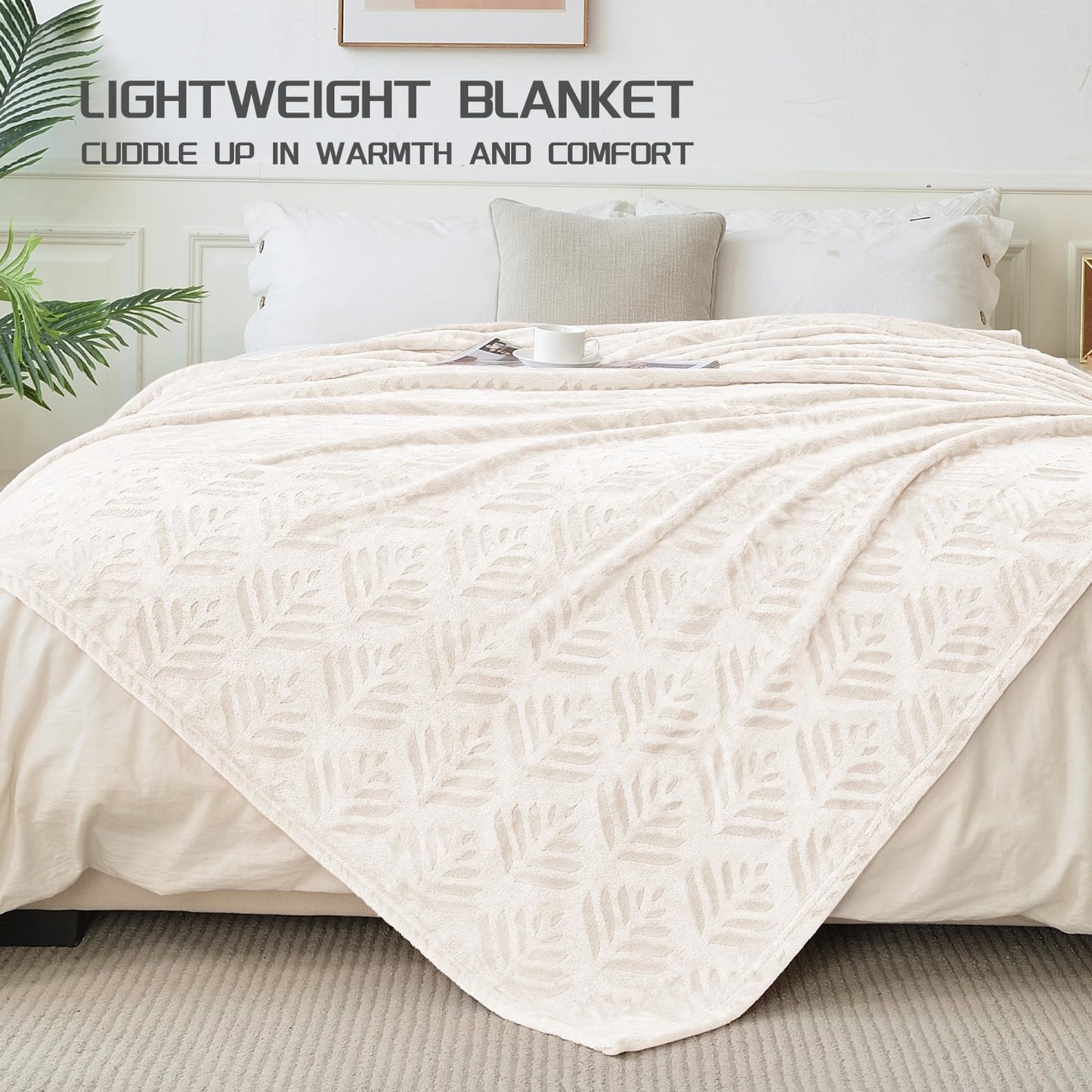 Exclusivo Mezcla Fleece Throw Blanket for Couch, Leaves Pattern Super Soft and Cozy Blankets, Plush Fuzzy Lightweight, Ivory, 50"x60"
