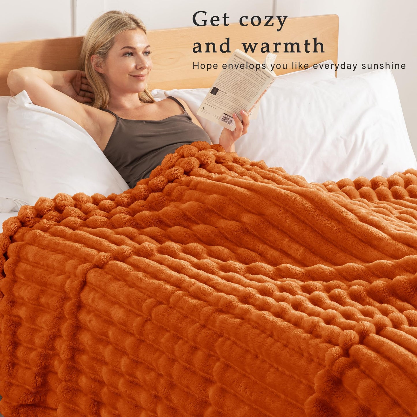 Exclusivo Mezcla California King Size Flannel Fleece Blanket, Super Soft Striped Jacquard Bed Oversized Blanket, Lightweight Fuzzy Cozy for All Seasons, 120x120 Inches, Burnt Orange