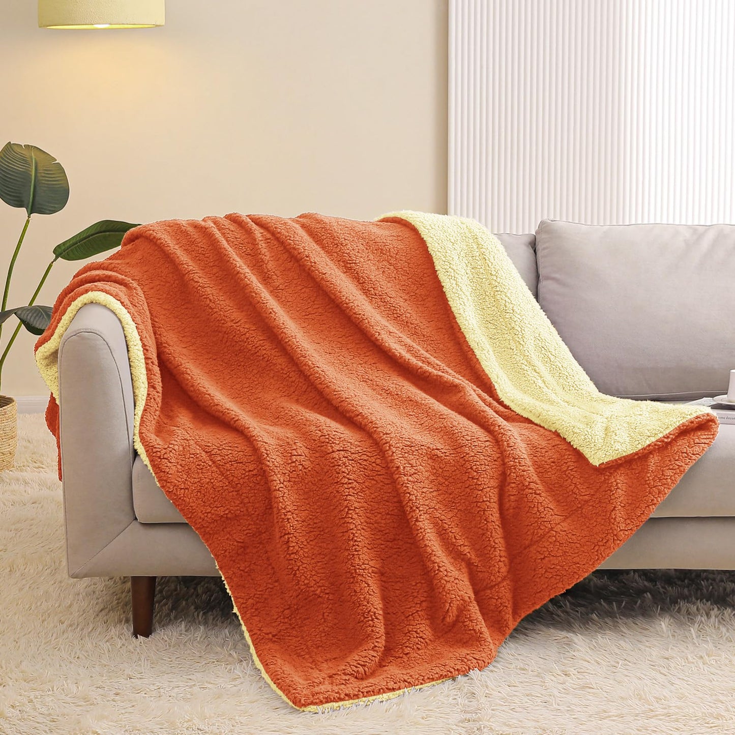 Exclusivo Mezcla Reversible Sherpa Throw Blanket for Couch, Thick and Warm Fleece Blankets for Winter, Soft Plush Fluffy, 50x60 Inches, Orange/ Yellow