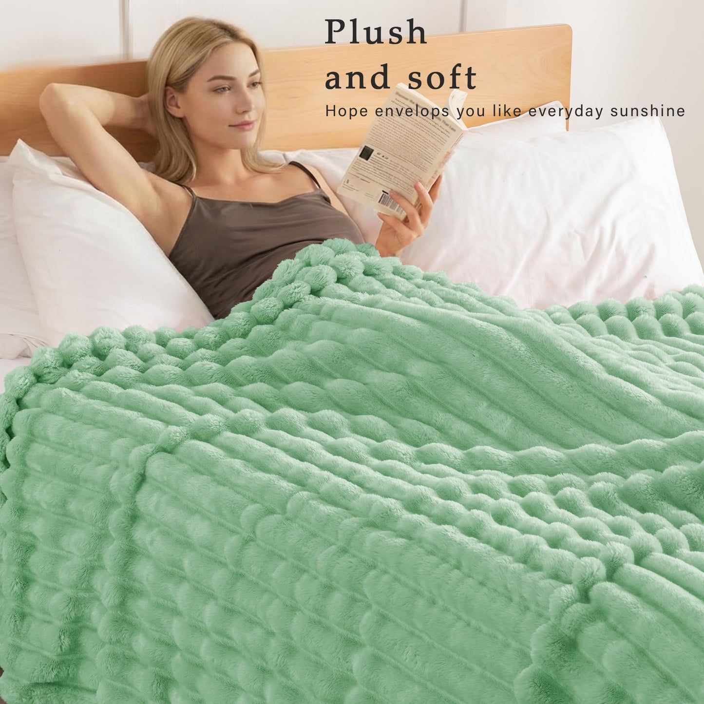Exclusivo Mezcla Twin Size Flannel Fleece Blanket, Super Soft 3D Striped Jacquard Blanket for Bed, Lightweight Fuzzy Cozy Blankets, Sage Green, 60"x80"