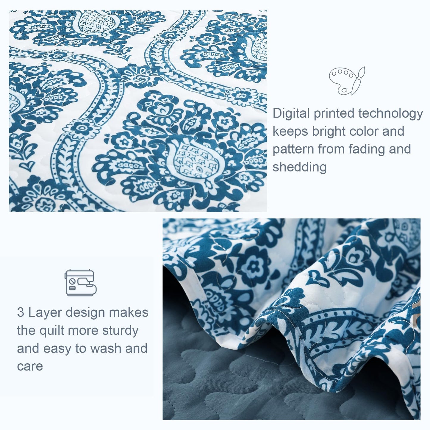 Exclusivo Mezcla Reversible Boho Quilts King Size, Blue Bedspreads Lightweight Coverlet All Season Damask Quilt Bedding Set with Printed Floral Pattern (1 Quilt, 2 Pillow Shams)