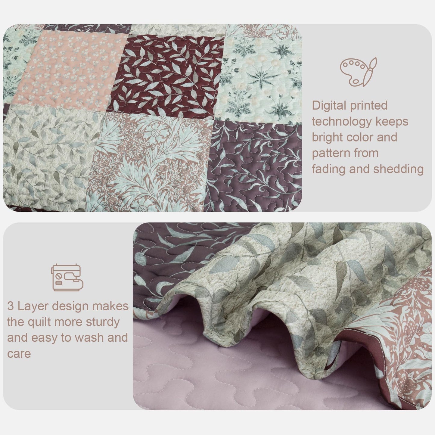 Exclusivo Mezcla Reversible Boho California King Quilt, Brown Soft Bedspreads Lightweight Coverlet All Season Patchwork Quilts Bedding Set with Printed Floral Pattern (1 Quilt, 2 Pillow Shams)