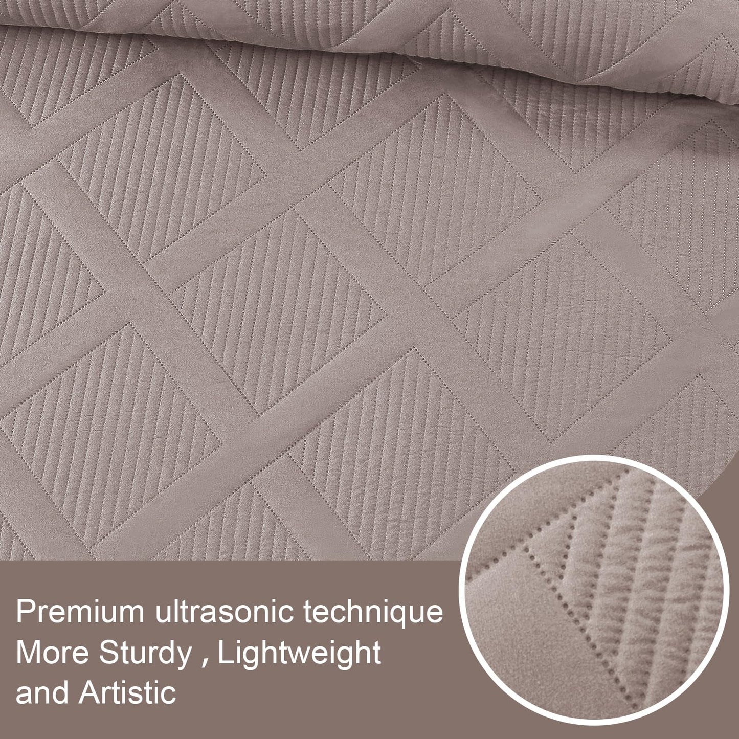 Exclusivo Mezcla Ultrasonic Full Queen Quilt Set, 3-Piece Lightweight Bedspreads Modern Striped Coverlet, Taupe