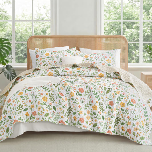 Exclusivo Mezcla Floral Twin size Quilt set, White Twin Quilt Bedding set with Cottagecore Botanical Pattern , Reversible Lightweight Spring Bedspreads Coverlets Bed Cover for All Seasons (68"x88")