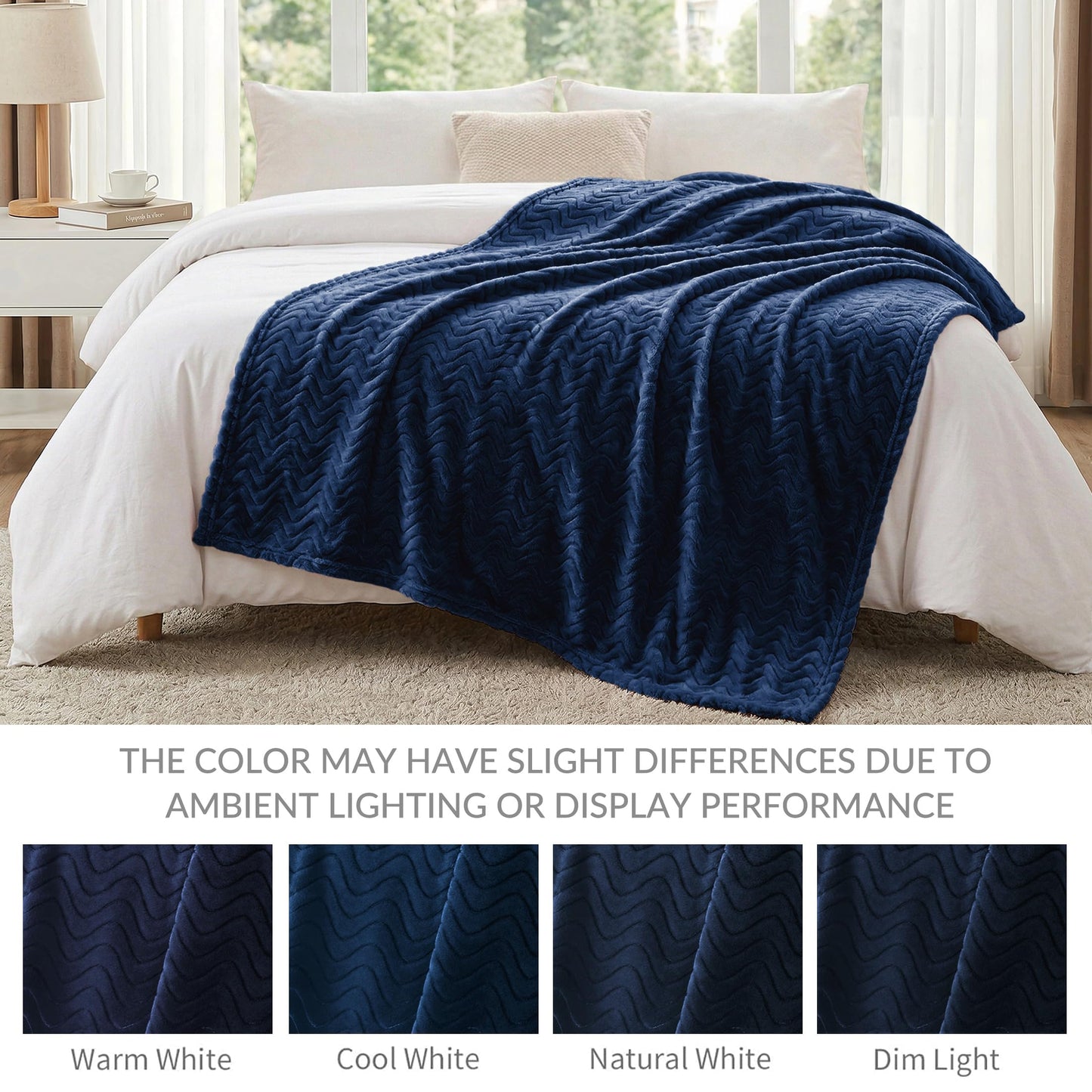 Exclusivo Mezcla King Size Jacquard Weave Wave Pattern Flannel Fleece Velvet Plush Bed Blanket as Bedspread/Coverlet/Bed Cover(90" x 104",Navy Blue) - Soft, Lightweight, Warm and Cozy