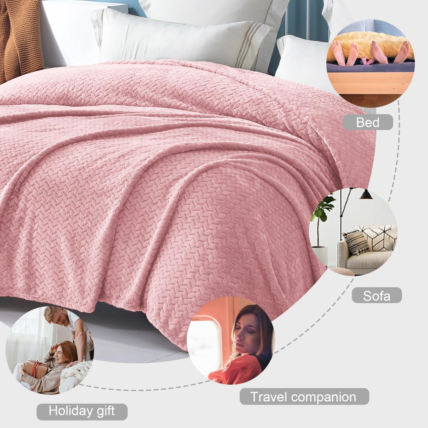 Exclusivo Mezcla Fleece Twin Size Blanket for Bed, 60x80 Inches Soft Cozy Jacquard Flannel Blankets, Lightweight Fuzzy Plush Warm for Women, Pink