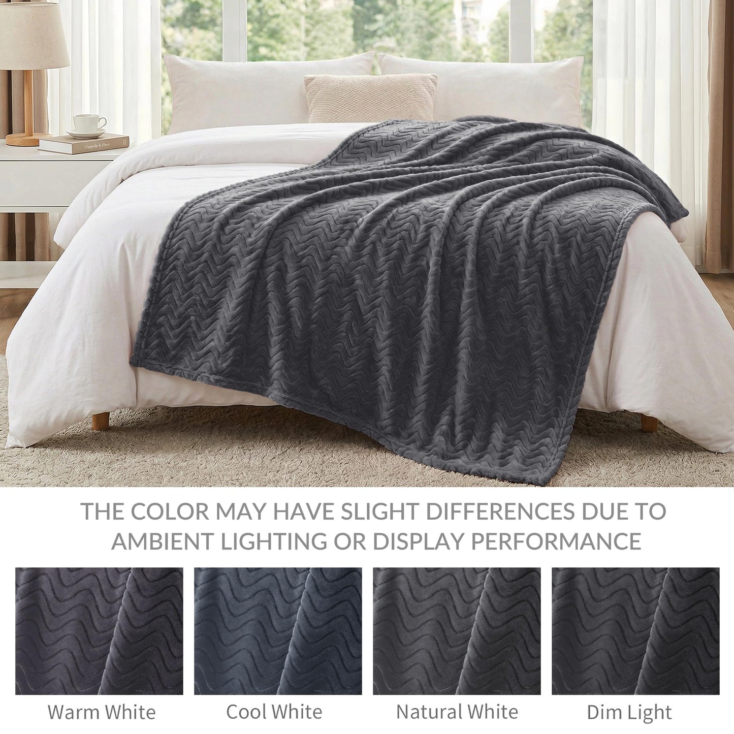 Exclusivo Mezcla King Size Jacquard Weave Wave Pattern Flannel Fleece Velvet Plush Bed Blanket as Bedspread/Coverlet/Bed Cover (90" x 104",Grey) - Soft, Lightweight, Warm and Cozy