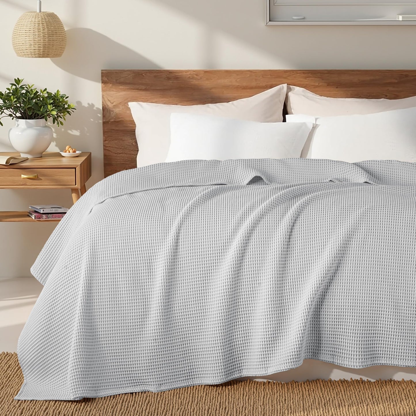Exclusivo Mezcla 100% Cotton Waffle Weave Blanket King Size, Soft, Lightweight and Breathable Muslin Gauze Blanket for Bed, All Season, 90"x104", Light Grey