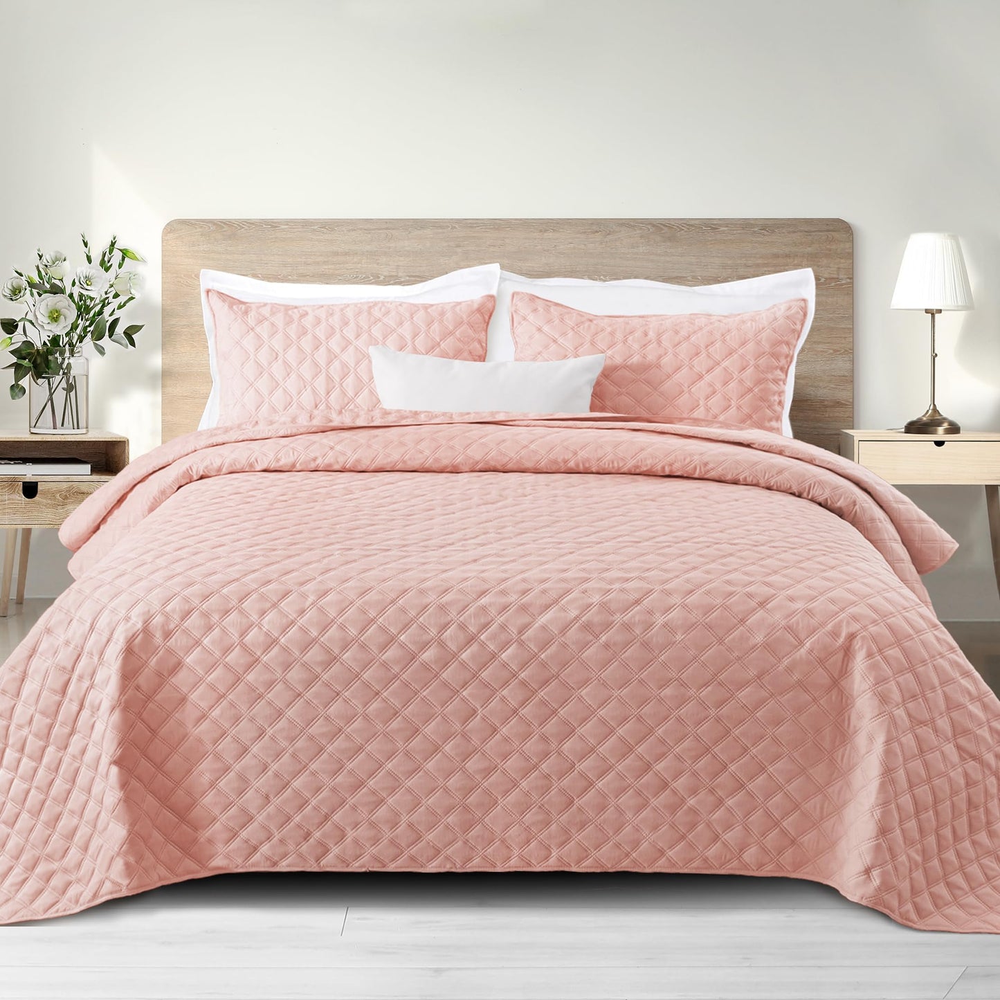 Exclusivo Mezcla Soft Quilt Set King Size, 3 Pieces Lightweight Quilts Blush Pink Bedspreads Coverlets Bedding Set for All Seasons, Grid Pattern