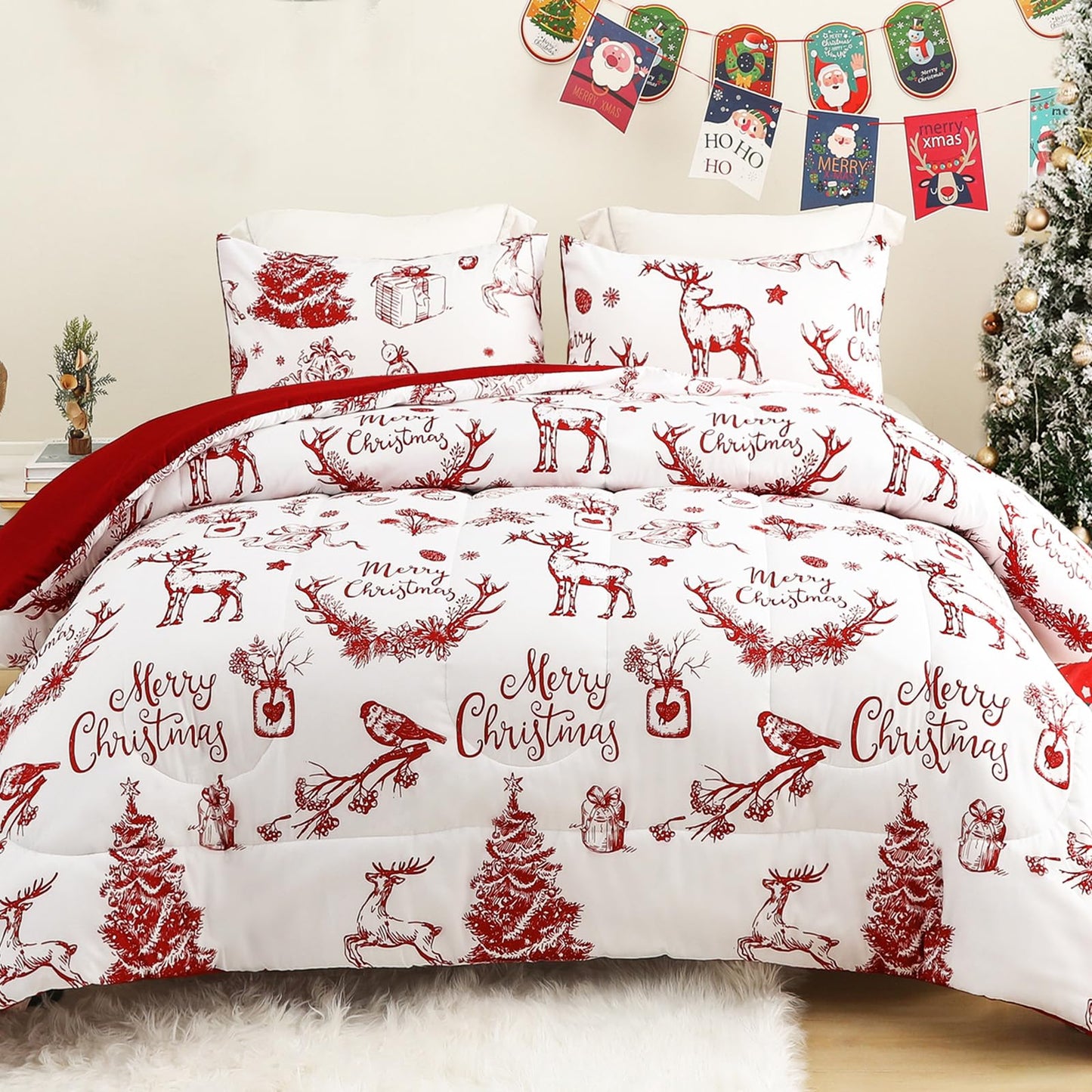 Exclusivo Mezcla Christmas Full Size Comforter Set, 3 Pieces Reversible White and Rust Red Down Alternative Comforter Sets, Printed Christmas Reindeer Wreaths Pattern
