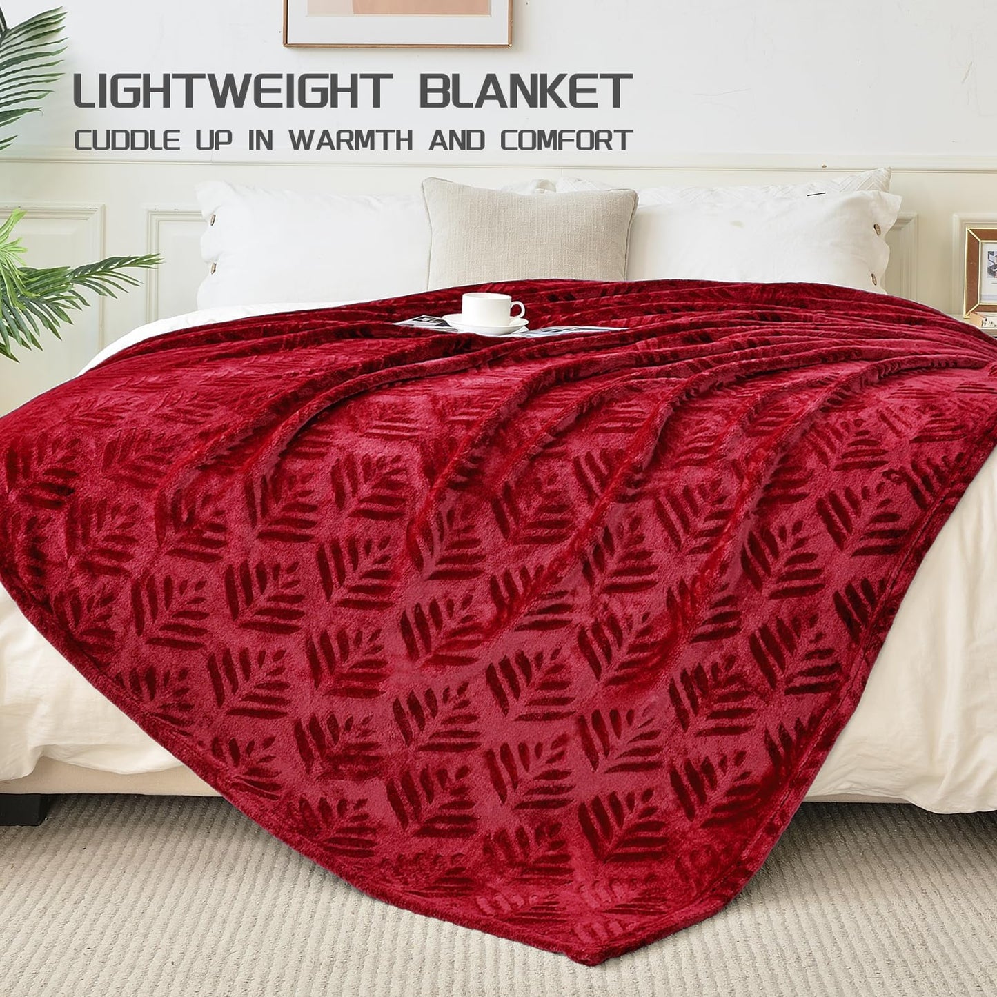 Exclusivo Mezcla Twin Size Fleece Blanket for Bed, Leaves Pattern Super Soft and Cozy Blankets, Plush Fuzzy Lightweight, Deep Red, 60"x80"