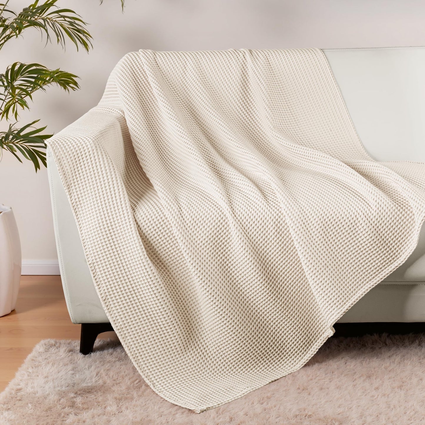 Exclusivo Mezcla 100% Cotton Waffle Weave Blanket Twin Size, Soft, Lightweight and Breathable Muslin Gauze Blanket for Dorm, Home Decor, All Season, 60"x80", Beige