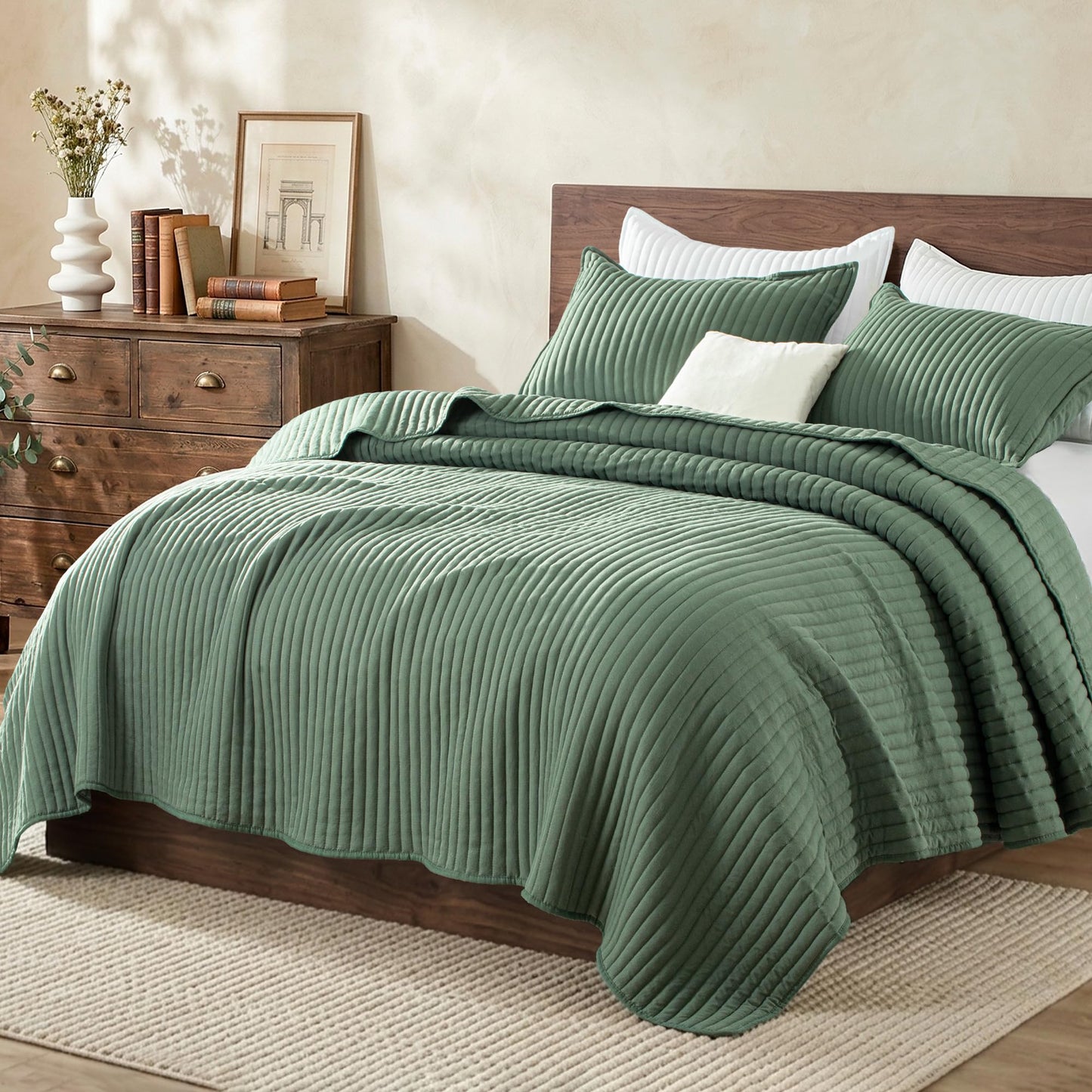 Exclusivo Mezcla Twin Quilt Bedding Set, Stripe Stitching Drak Green Quilts Twin Size for All Seasons, Soft Lightweight Microfiber Bedspreads Coverlets Bed Cover, 68"x88"