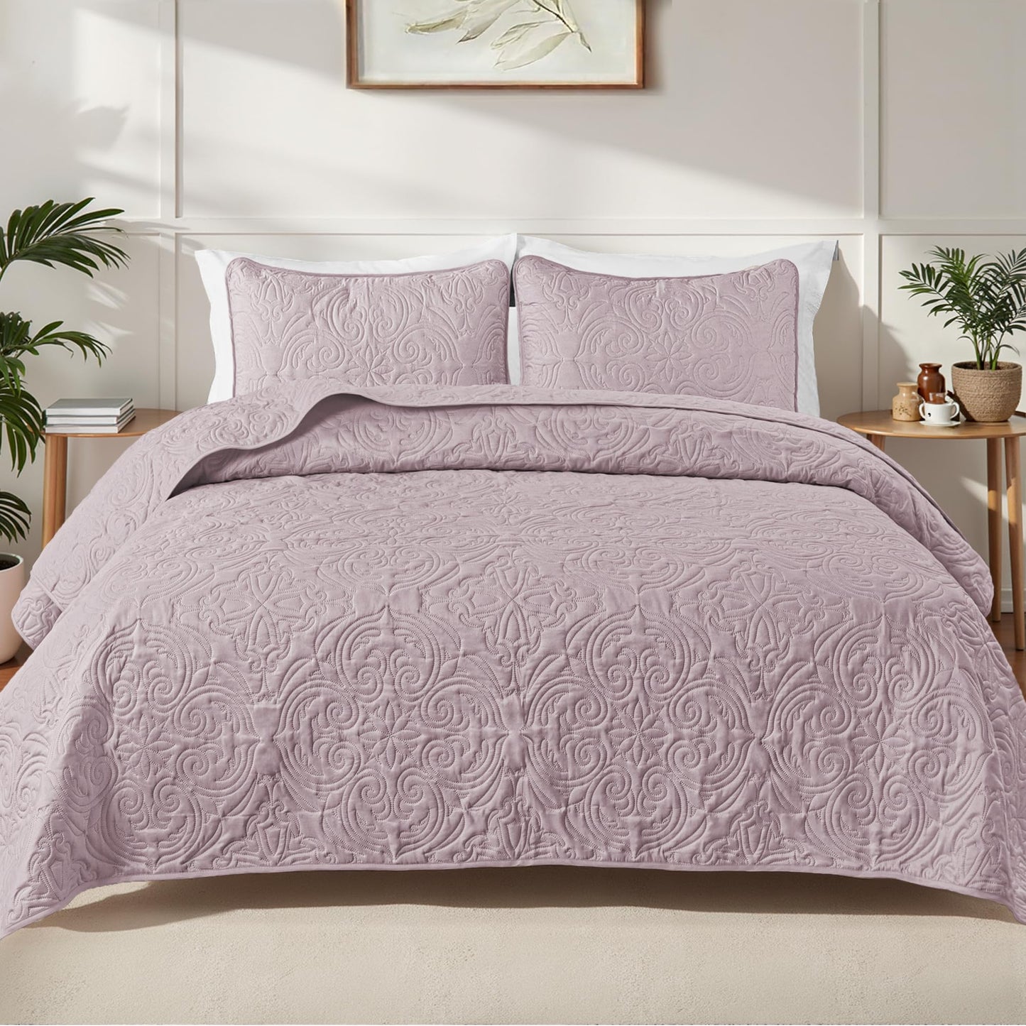 Exclusivo Mezcla Quilts King Size Bedspread with 2 Pillow Shams, Lightweight Lilac Ash King Quilt Bedding Set with Vintage Damask Pattern, Soft Bedspreads Coverlets for All Seasons