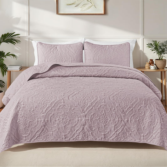 Exclusivo Mezcla Quilt Set Oversized King Size with 2 Pillow Shams, Lightweight Lilac Ash Quilts with Vintage Damask Pattern, Soft Cal King Bedspreads Coverlets Bedding Set for All Seasons