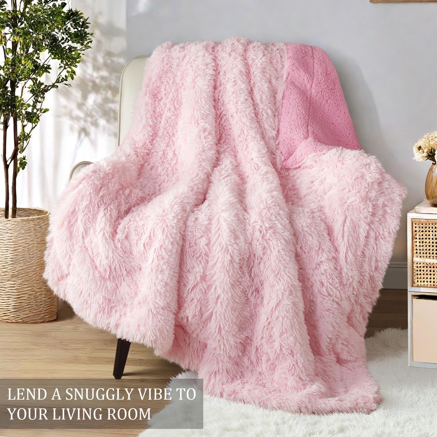 Exclusivo Mezcla Fuzzy Faux Fur Throw Blanket, Reversible Shaggy Sherpa Fleece Blankets,Fluffy Plush Warm Throws for Couch, Bed, 50x60 Inches, Light Pink