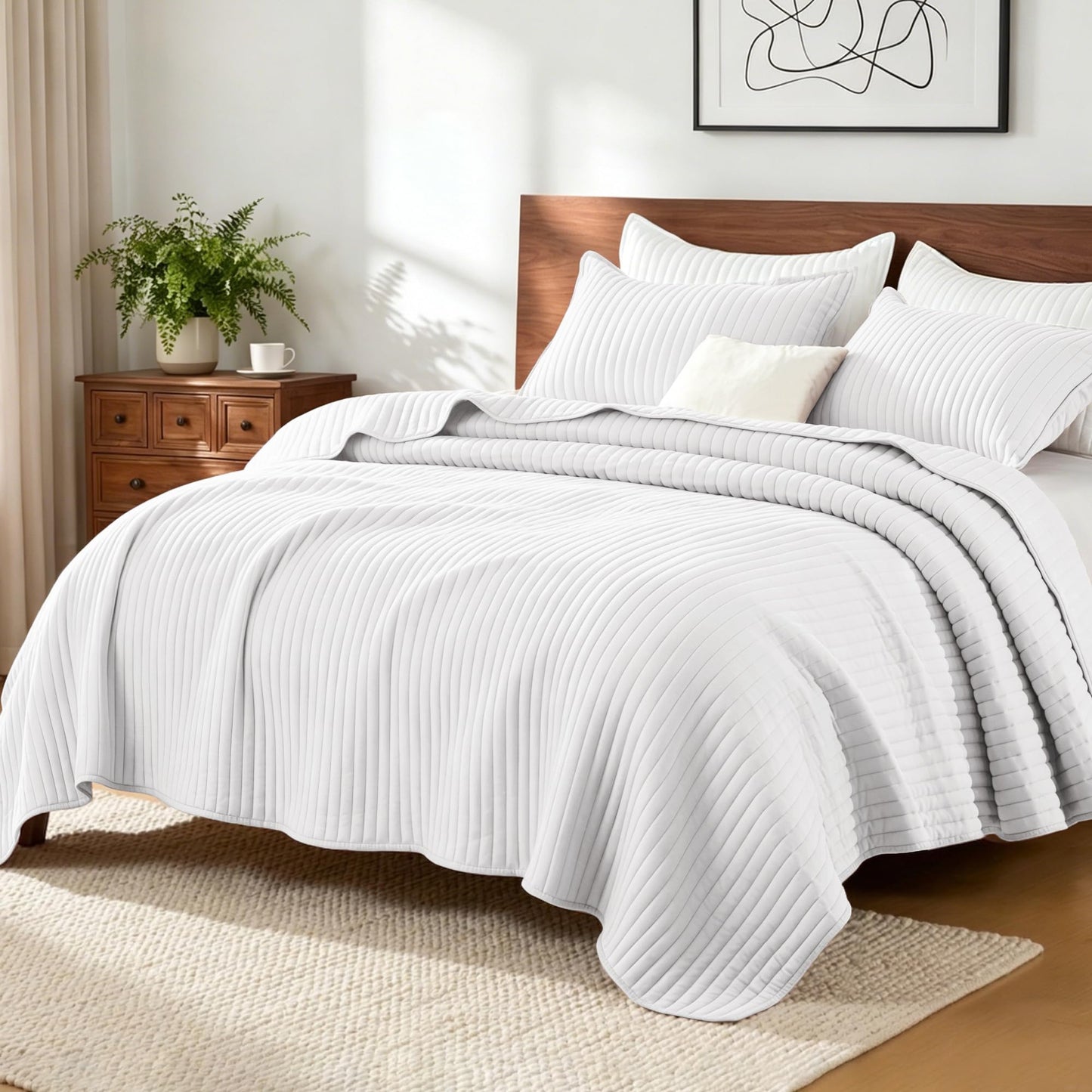 Exclusivo Mezcla Full Queen Quilt Bedding Set, Stripe Stitching White Quilts Queen Size for All Seasons, Soft Lightweight Microfiber Bedspreads Coverlets Bed Cover, 90"x96"