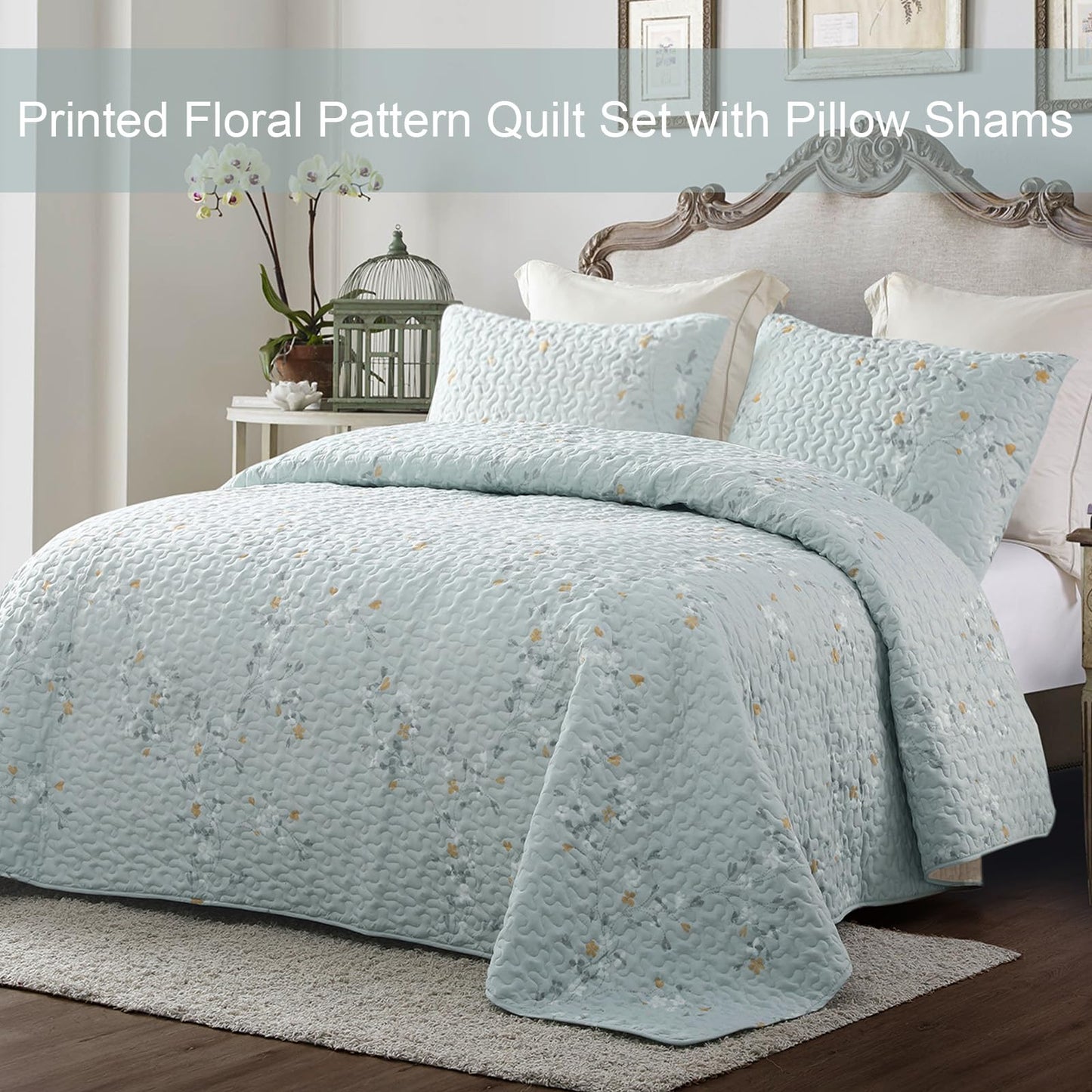Exclusivo Mezcla Reversible Boho California King Quilt, Aqua Soft Bedspreads Lightweight Coverlet All Season Flowers Quilts Bedding Set with Printed Floral Pattern (1 Quilt, 2 Pillow Shams)