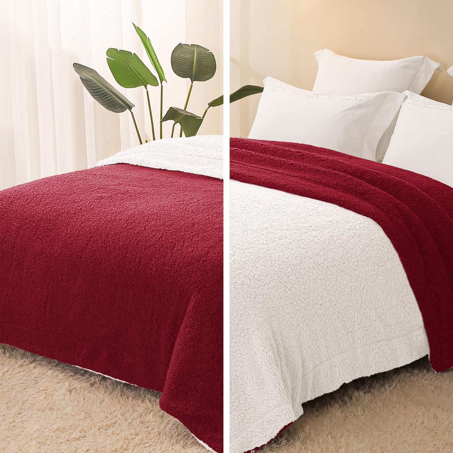 Exclusivo Mezcla Reversible Queen Size Sherpa Blanket, Thick and Warm Fleece Blankets for Winter, Soft Plush Fluffy for Bed, 90x90 Inches, Burgundy/ Ivory