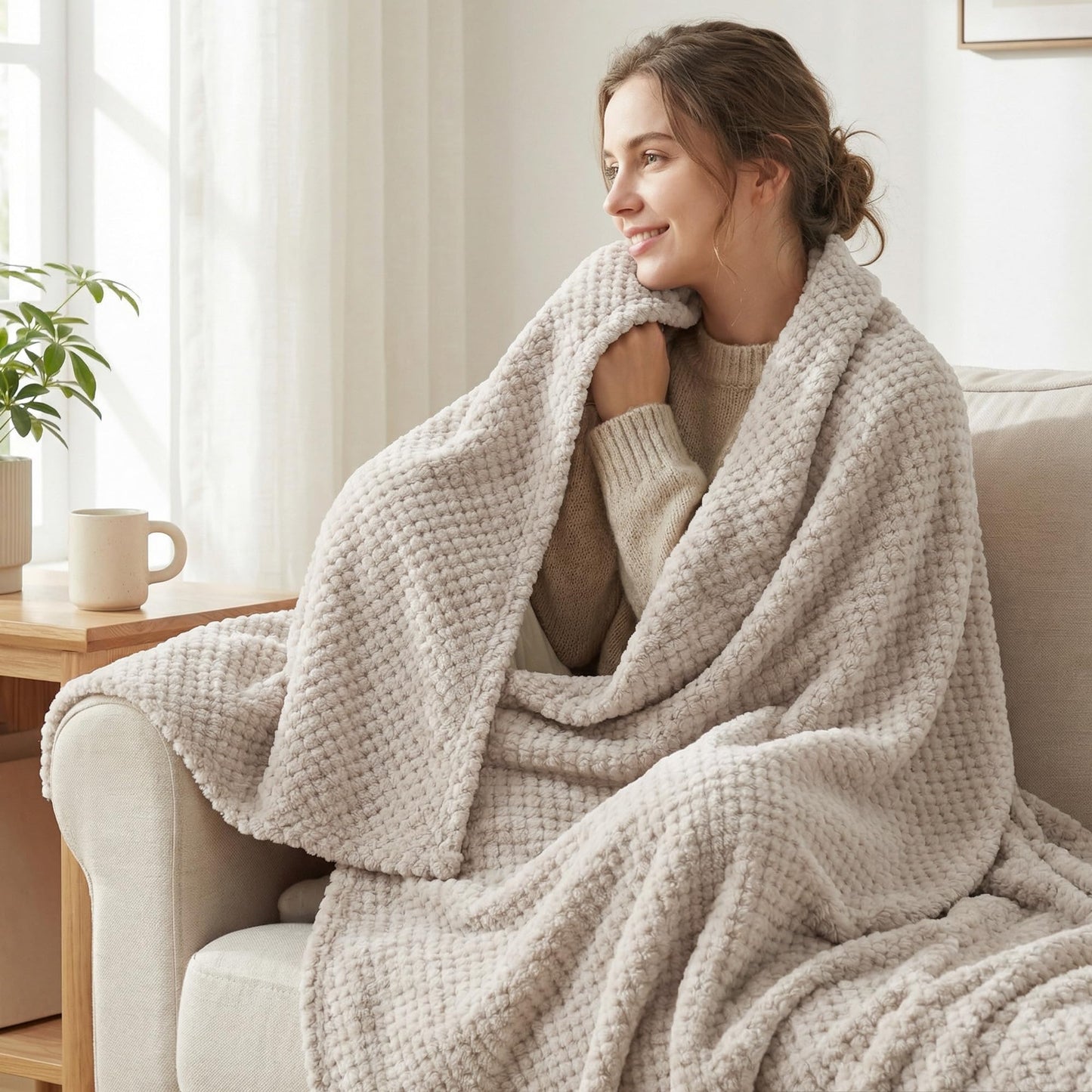 Exclusivo Mezcla Fleece Bed Blanket Twin Size, Super Soft and Warm Blankets for Couch, Sofa and Bed Waffle Textured, Cozy, Fuzzy and Lightweight (Tan, 60x80 Inches)