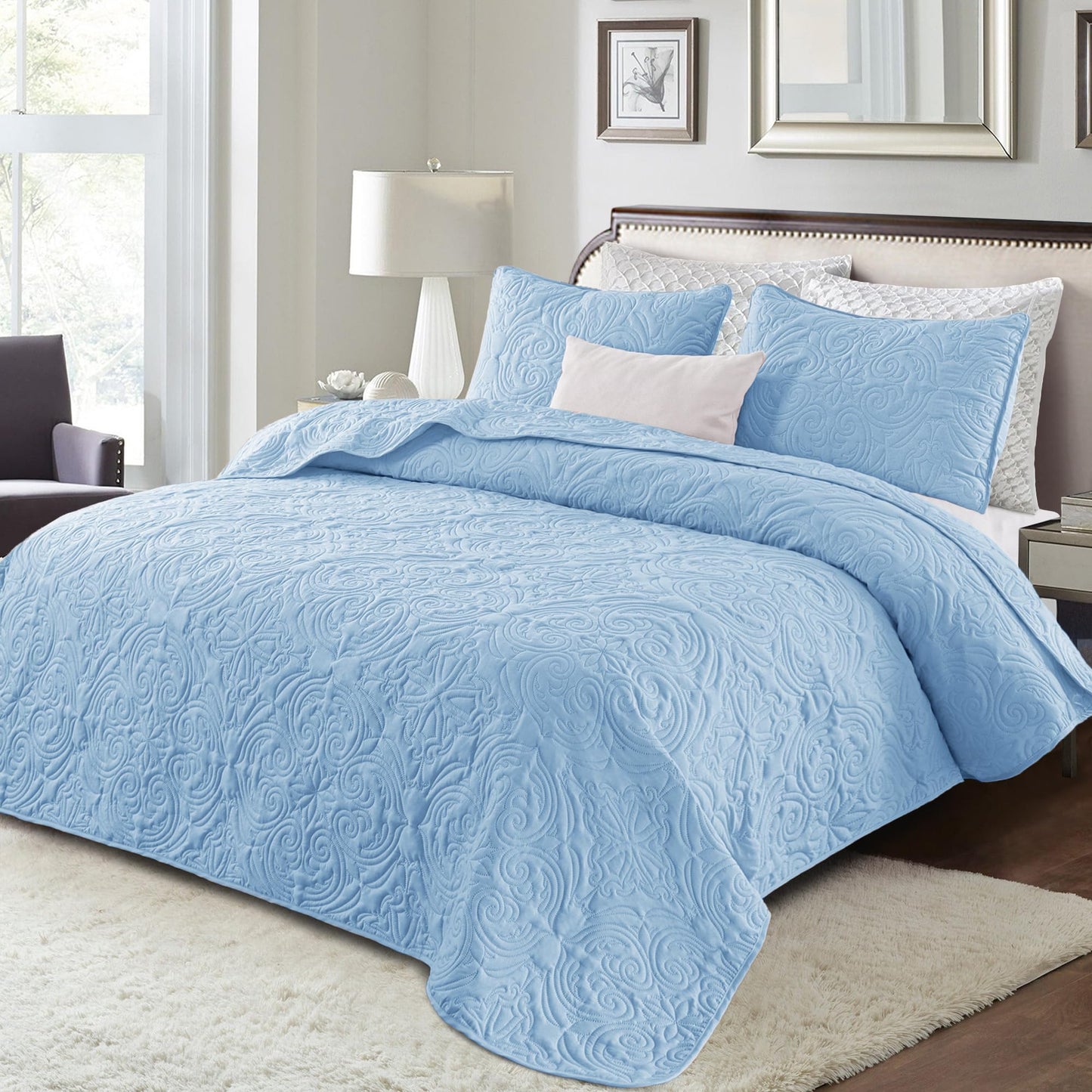 Exclusivo Mezcla Twin Quilt Bedding Set with 1 Pillow Sham, Lightweight Sky Blue Twin Size Quilt Bedspread with Vintage Damask Pattern, Soft Bedspreads Coverlets for All Seasons