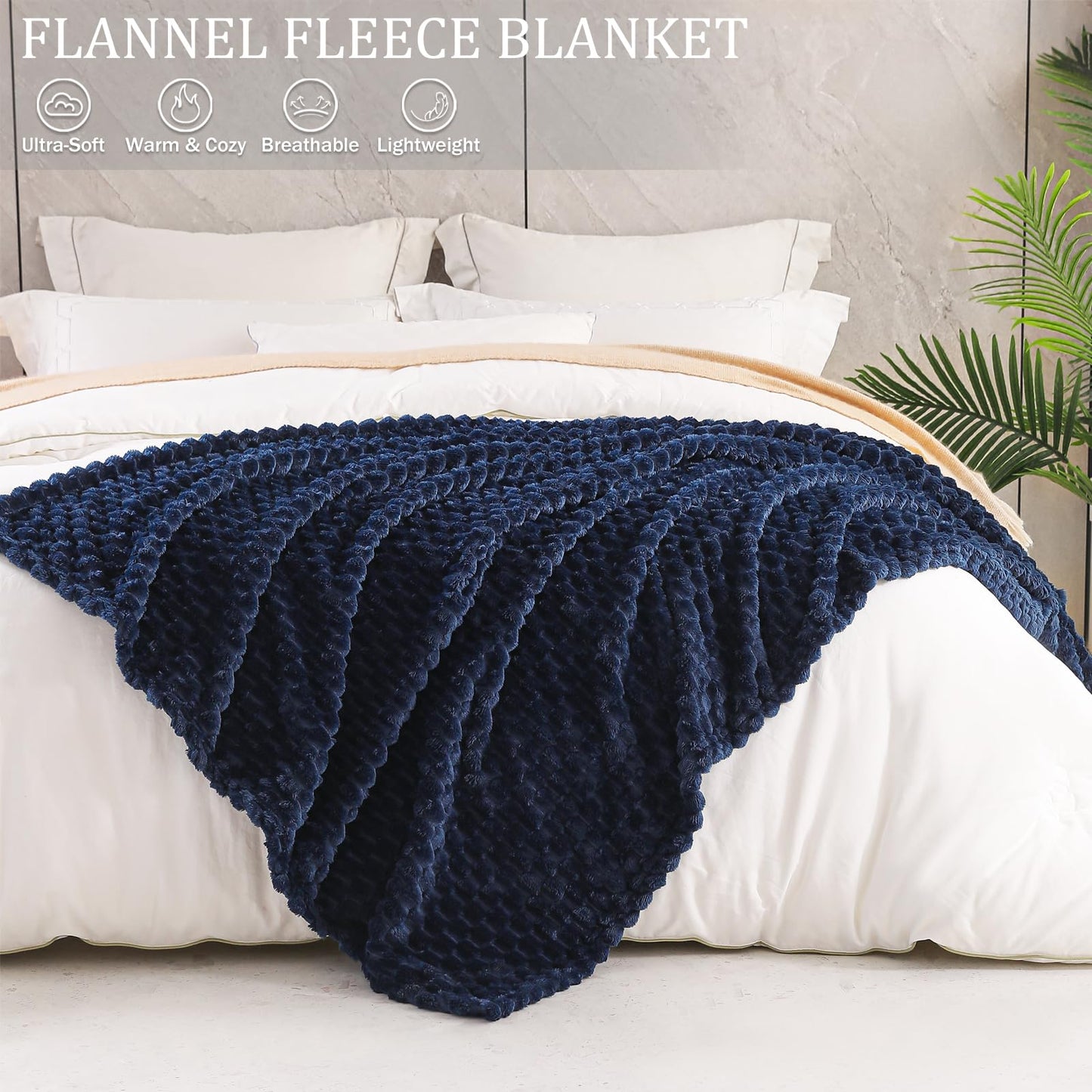 Exclusivo Mezcla Fleece California King Blanket for Bed, Oversized Fuzzy Navy Blue Bed Blankets, Soft Cozy Plush Sofa Throws for All Seasons, 120x120 Inches