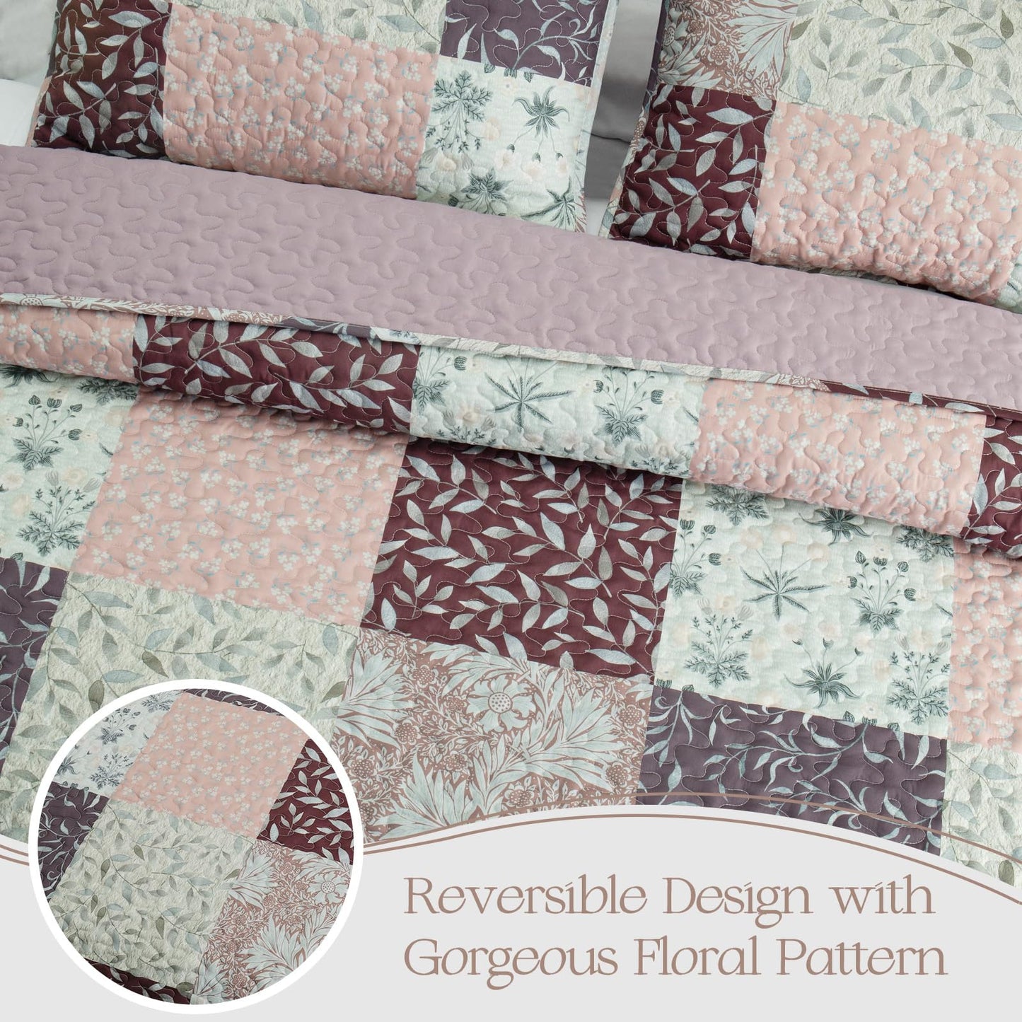 Exclusivo Mezcla Reversible Boho California King Quilt, Brown Soft Bedspreads Lightweight Coverlet All Season Patchwork Quilts Bedding Set with Printed Floral Pattern (1 Quilt, 2 Pillow Shams)