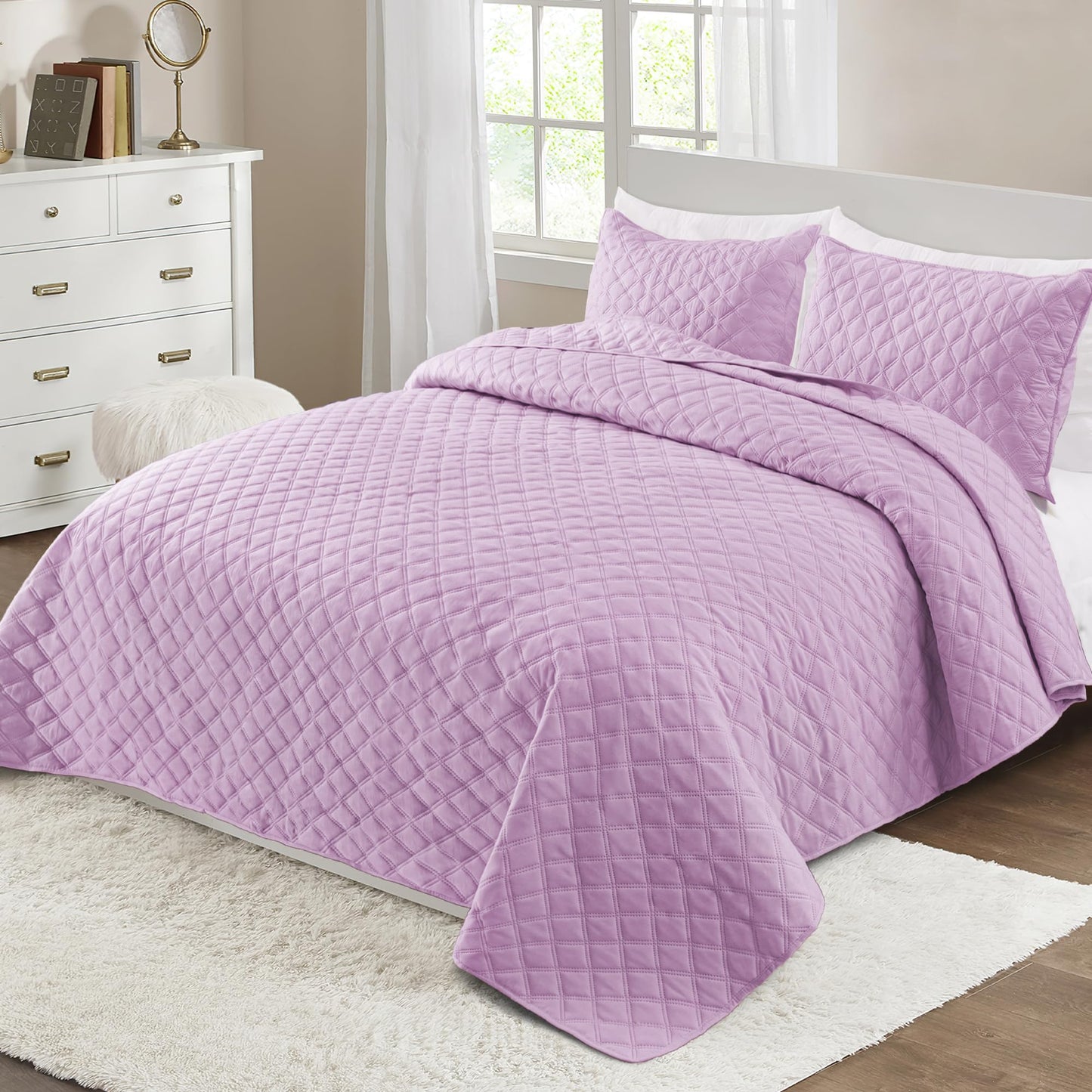 Exclusivo Mezcla Soft Quilt Set King Size, 3 Pieces Lightweight Quilts Lilac Bedspreads Coverlets Bedding Set for All Seasons, Grid Pattern