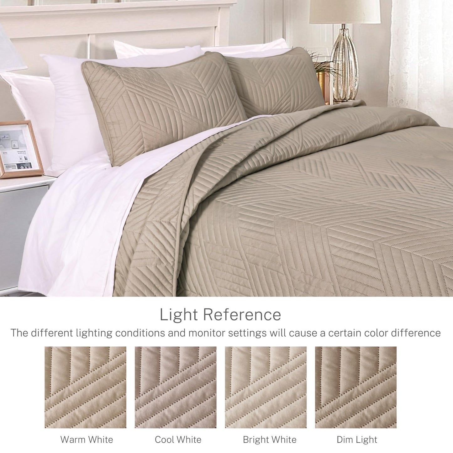 Exclusivo Mezcla Ultrasonic Twin Quilt Bedding Set, Lightweight Taupe Bedspreads Soft Modern Geometric Coverlet Set for All Seasons (1 Quilt and 1 Pillow Sham)