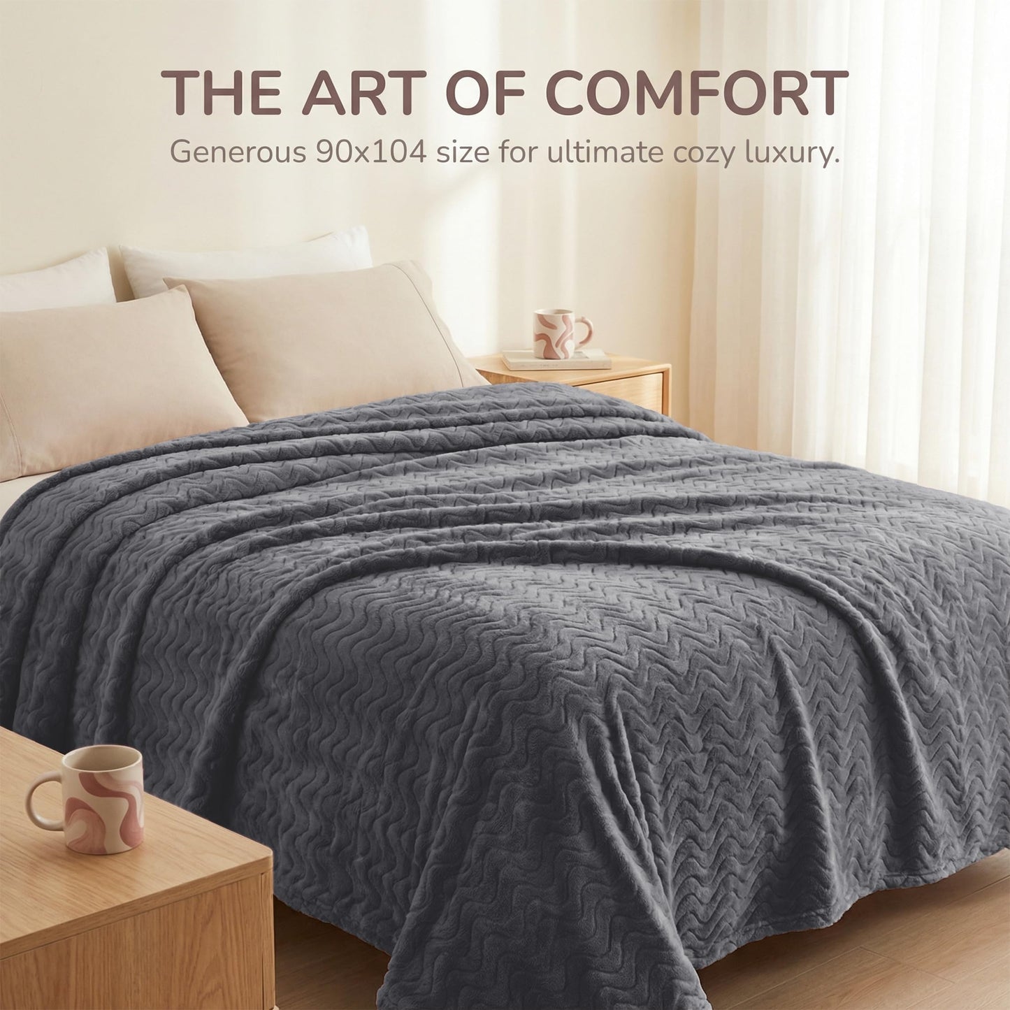 Exclusivo Mezcla King Size Jacquard Weave Wave Pattern Flannel Fleece Velvet Plush Bed Blanket as Bedspread/Coverlet/Bed Cover (90" x 104",Grey) - Soft, Lightweight, Warm and Cozy