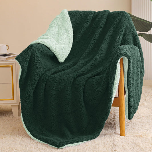 Exclusivo Mezcla Reversible Sherpa Throw Blanket for Couch, Thick and Warm Fleece Blankets for Winter, Soft Plush Fluffy, 50x60 Inches, Forest / Mint Green
