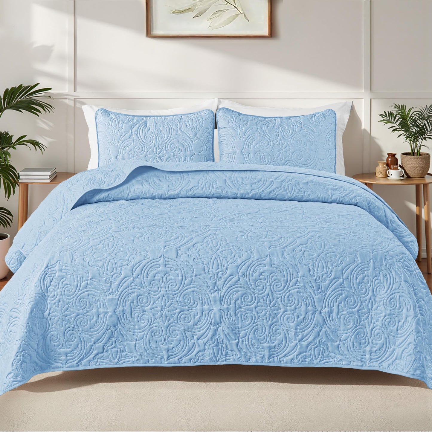 Exclusivo Mezcla Quilts King Size Bedspread with 2 Pillow Shams, Lightweight Sky Blue King Quilt Bedding Set with Vintage Damask Pattern, Soft Bedspreads Coverlets for All Seasons
