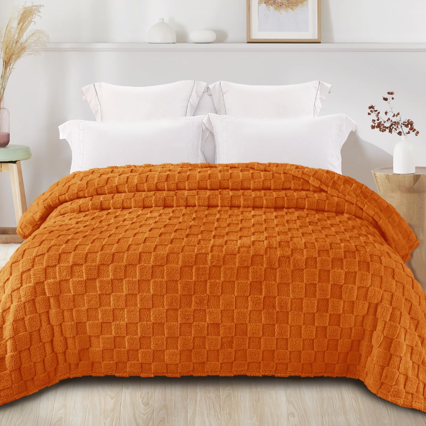 Exclusivo Mezcla Twin Size Flannel Fleece Blanket, Super Soft Warm Lightweight Checkered Pattern Blanket for All Seasons, Burnt Orange, 60"x80"