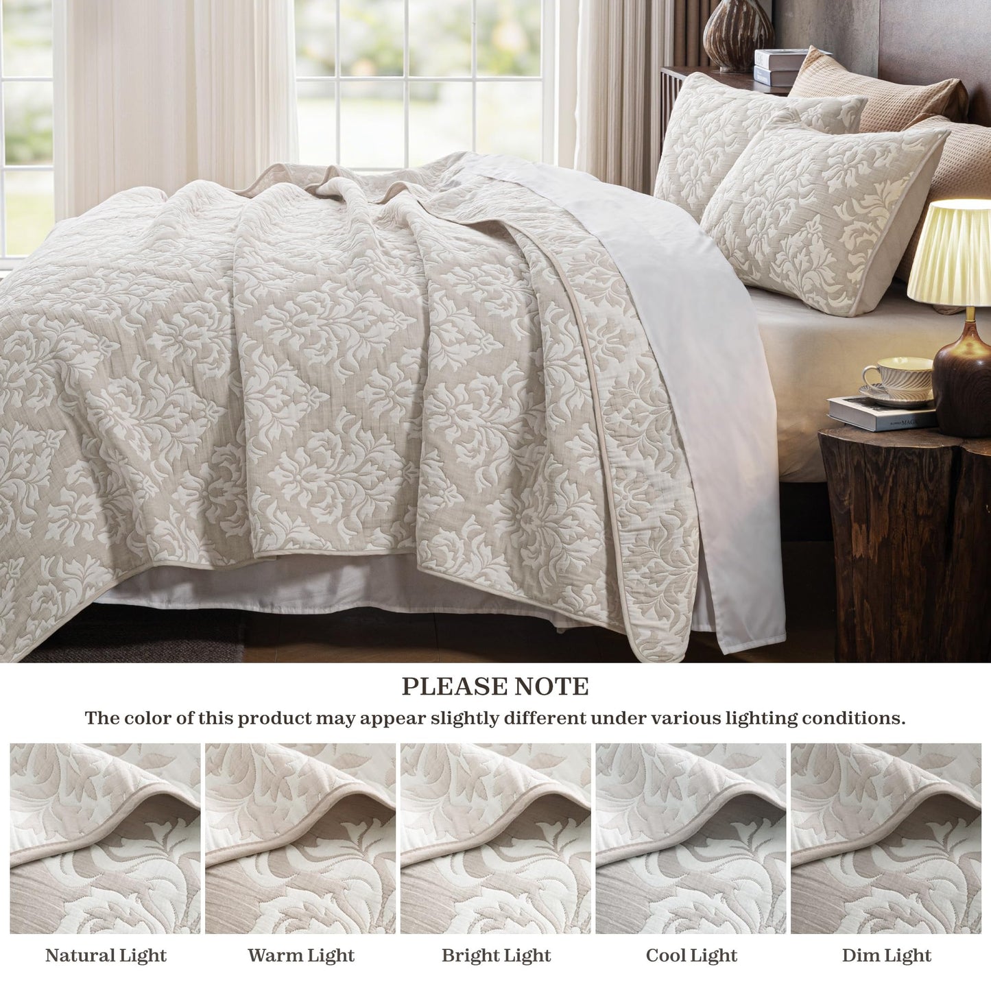 Exclusivo Mezcla Cotton Muslin Quilts King Size Beige, Soft Breathable Bedspread Lightweight Prewashed Bed Coverlet With 2 Pillow Shams, Boho Pattern Yarn Dyed Quilt Bedding Set for All Seasons