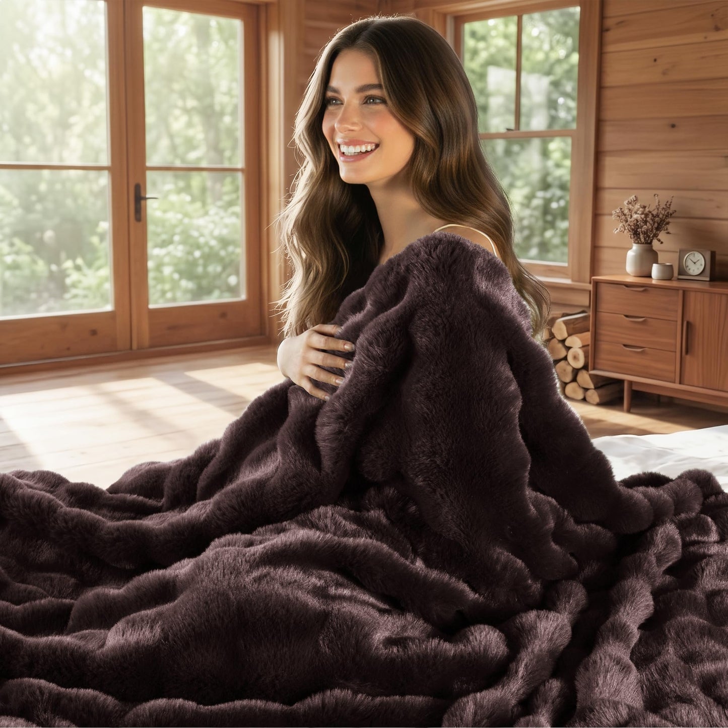 Exclusivo Mezcla Fuzzy Faux Fur Bed Blanket Queen Size, Sherpa Fleece Blankets,Fluffy Plush Warm Throws for Couch, Bed, 90X90 Inches, Coffee