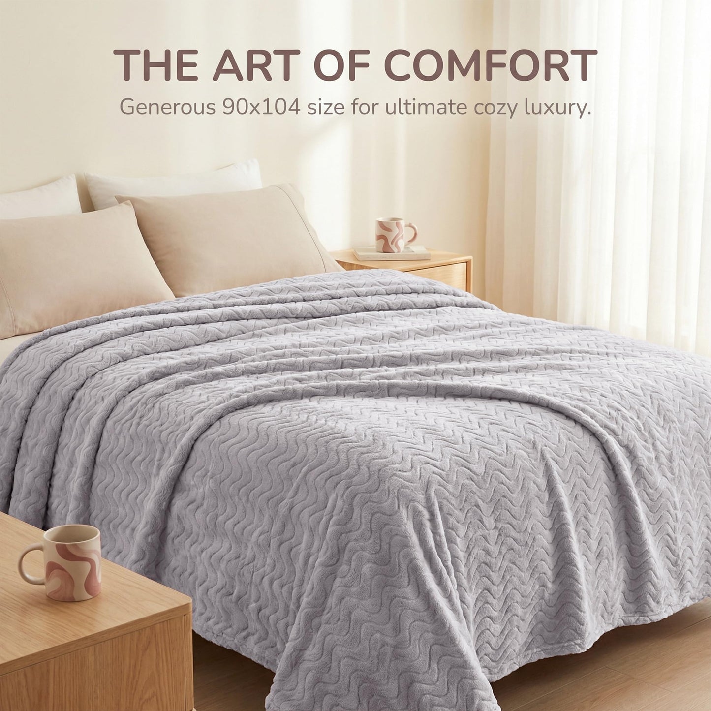 Exclusivo Mezcla King Size Jacquard Weave Wave Pattern Flannel Fleece Velvet Plush Bed Blanket as Bedspread/Coverlet/Bed Cover (90" x 104", Light Grey) - Soft, Lightweight, Warm and Cozy