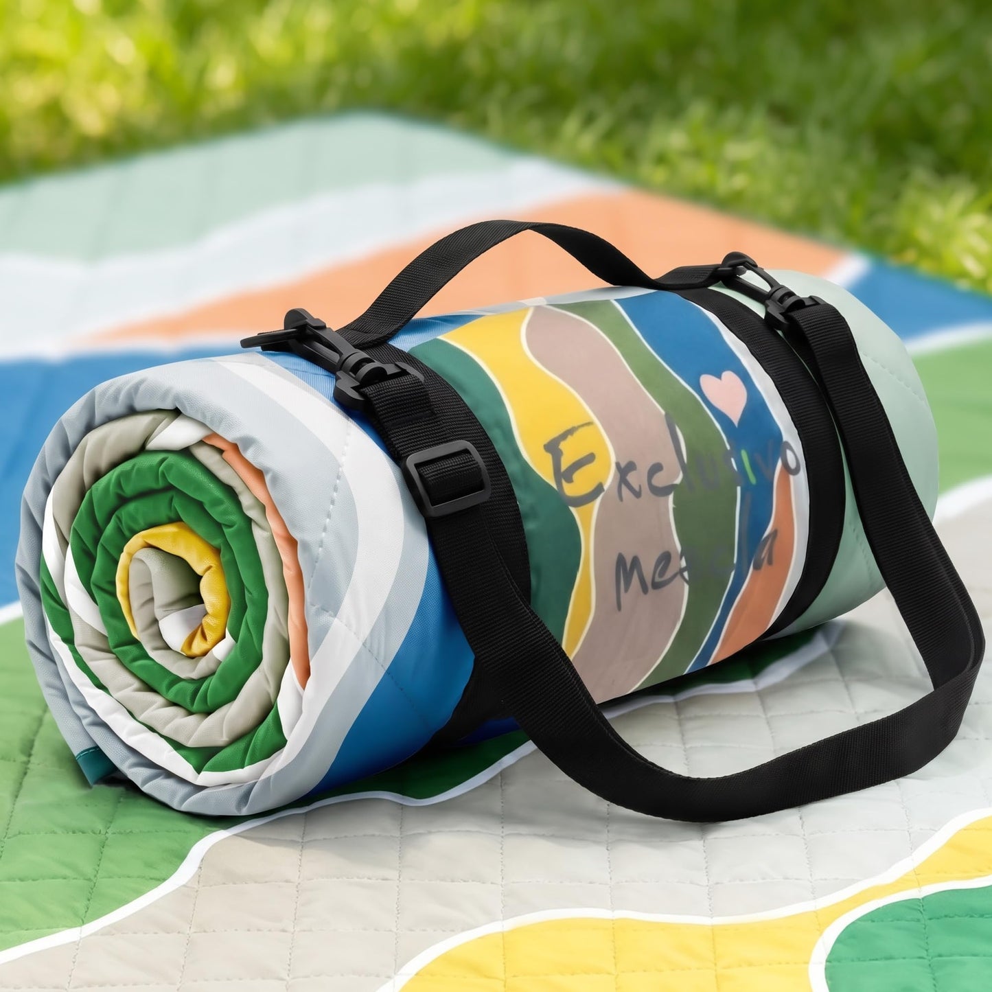 Exclusivo Mezcla Waterproof Picnic Blankets 3-Layer 80"x 80" Large Sandproof Beach Blanket Foldable Outdoor Blanket for Camping on Grass Picnic Mat, Waved Green