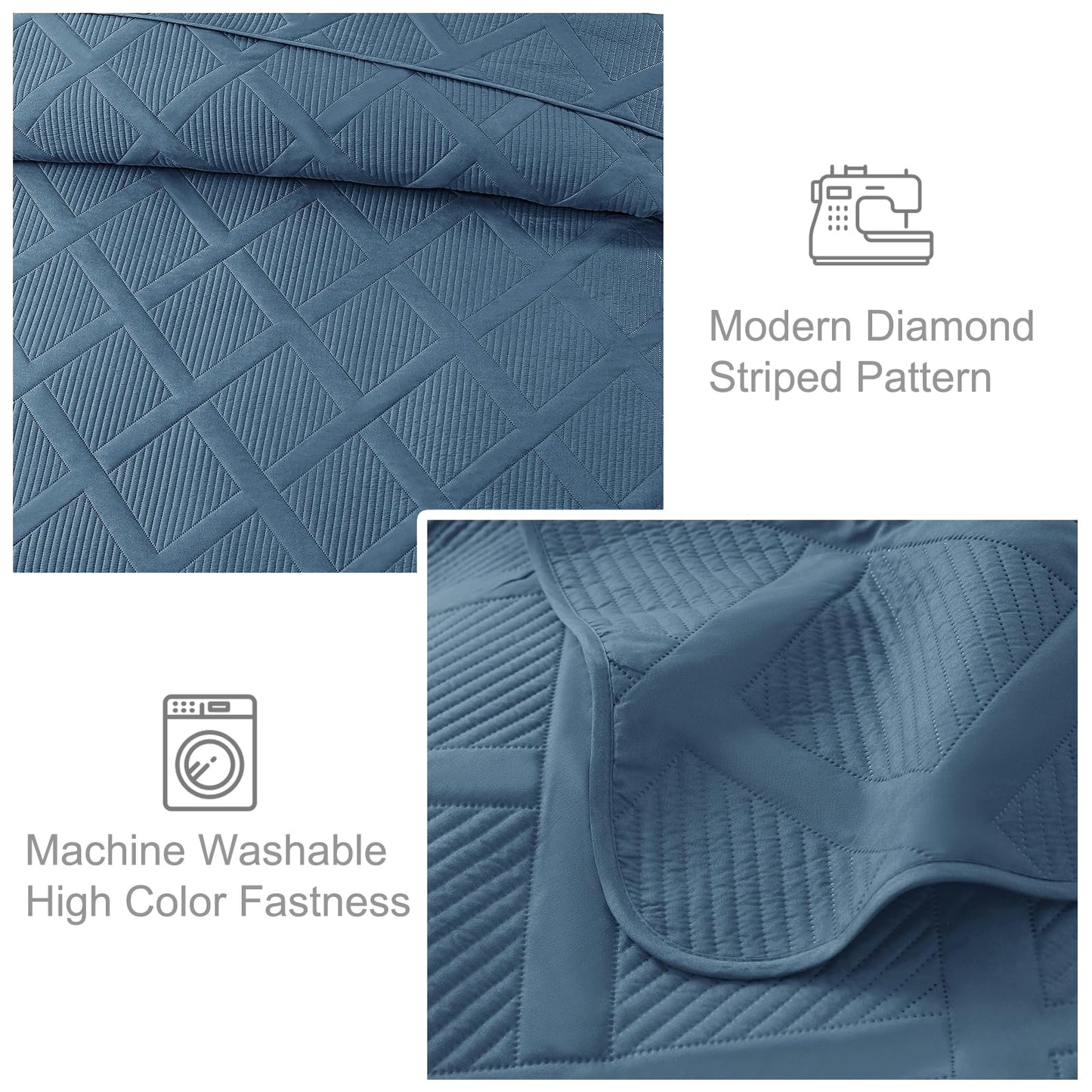 Exclusivo Mezcla King Size Quilt Set with Modern Striped Pattern, 3 Pieces Lightweight Grayish Blue Quilts Bedding Set, Soft Bedspreads Coverlets for All Seasons