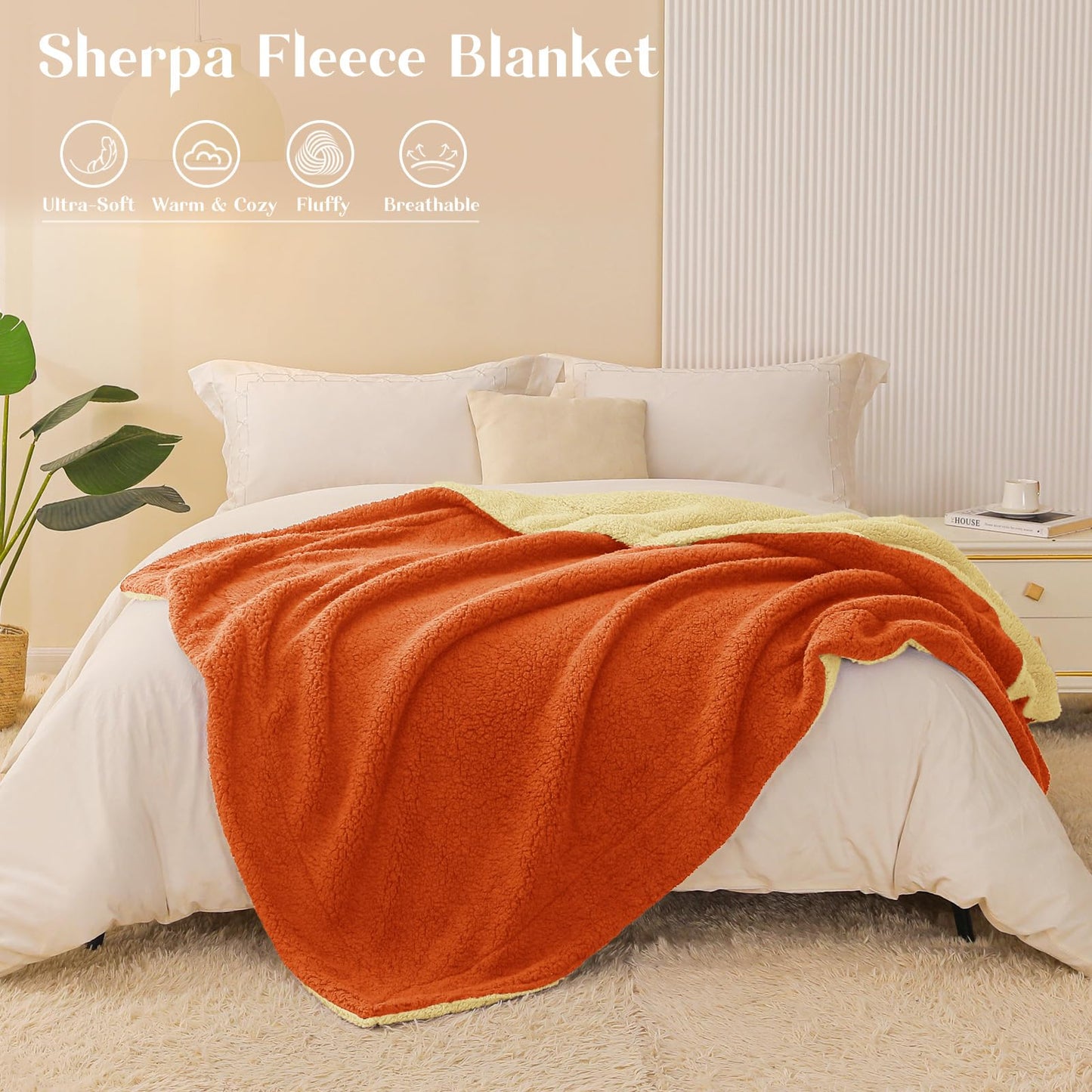 Exclusivo Mezcla Reversible Queen Size Sherpa Blanket, Thick and Warm Fleece Blankets for Winter, Soft Plush Fluffy for Bed, 90x90 Inches, Orange/ Yellow