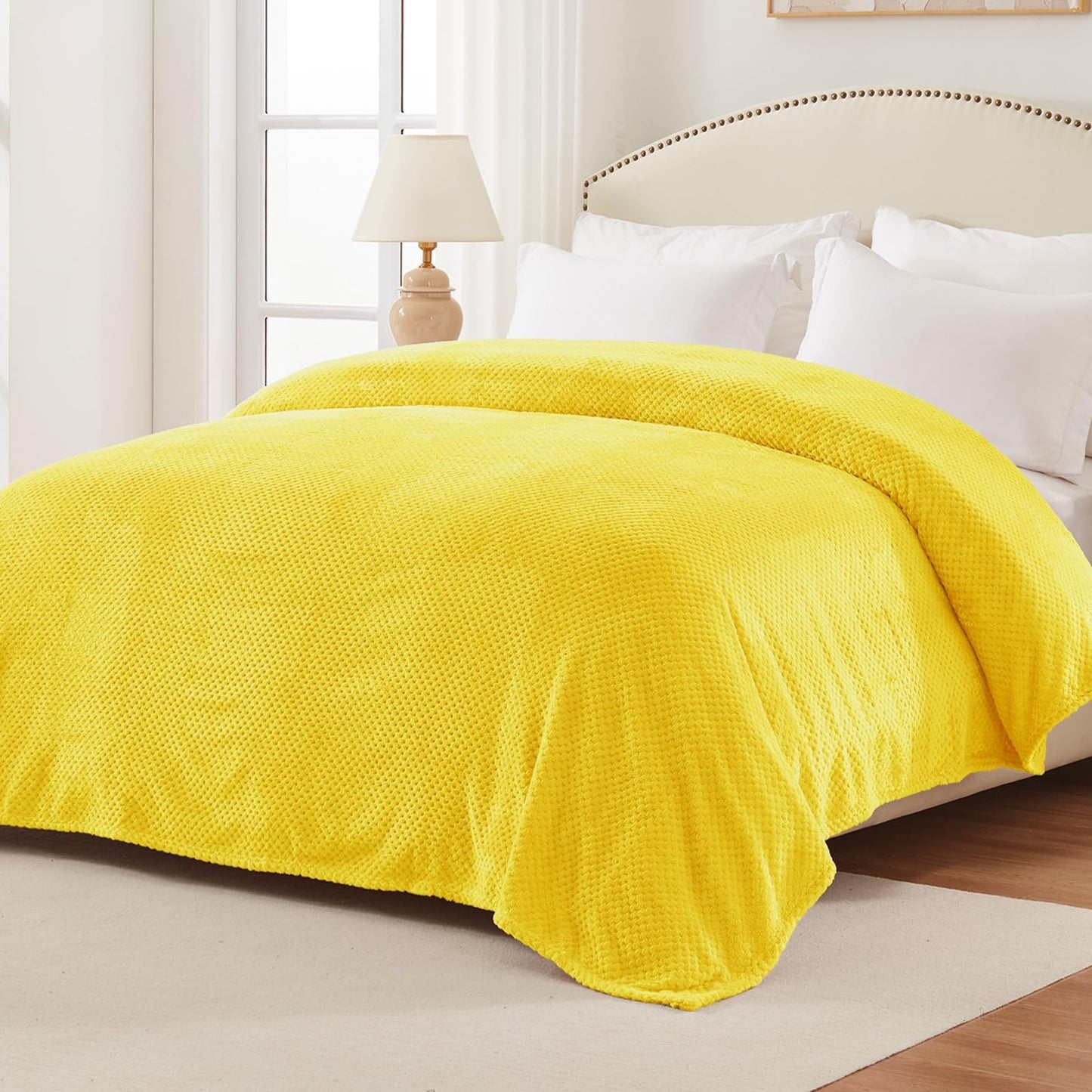 Exclusivo Mezcla Fleece Bed Blanket Queen Size, Super Soft and Warm Blankets for Couch, Sofa and Bed Waffle Textured, Cozy, Fuzzy and Lightweight (Vribrant Yellow, 90x90 Inches)