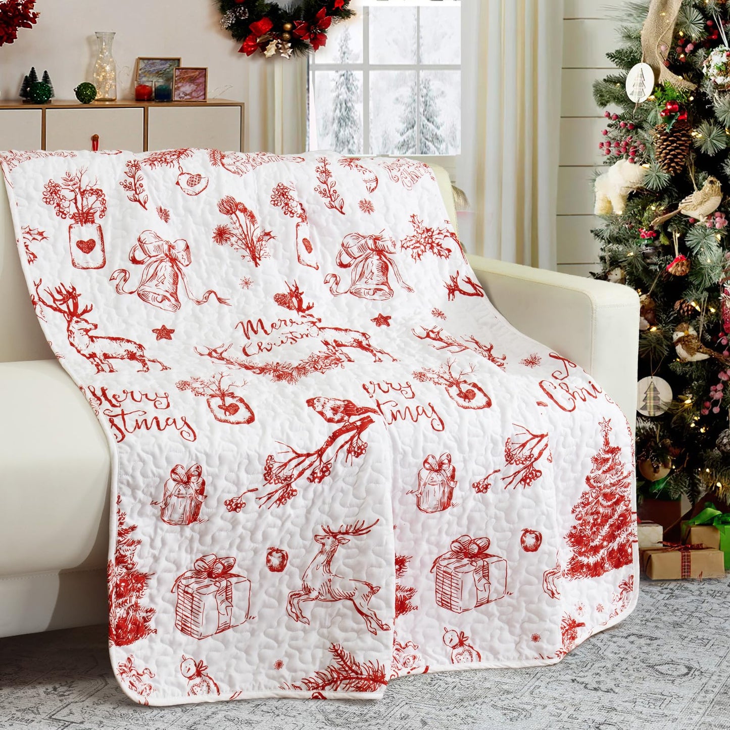 Exclusivo Mezcla Christmas Reindeer Pattern Quilted Throw Blanket for Bed/Couch/Sofa, Microfiber Holiday Decorated Throw Quilt Soft and Lightweight (50"x 60", White)