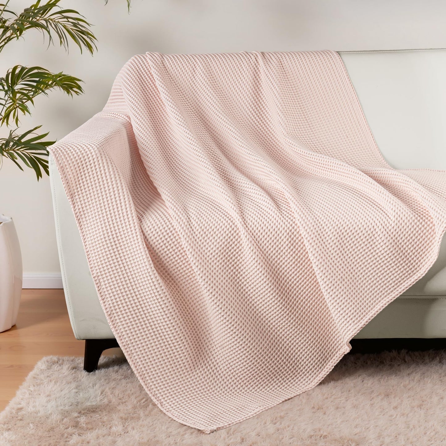 Exclusivo Mezcla 100% Cotton Waffle Weave Throw Blanket, Soft, Lightweight and Breathable Muslin Gauze Blanket for Couch, Sofa, All Season, 50"x70", Pink